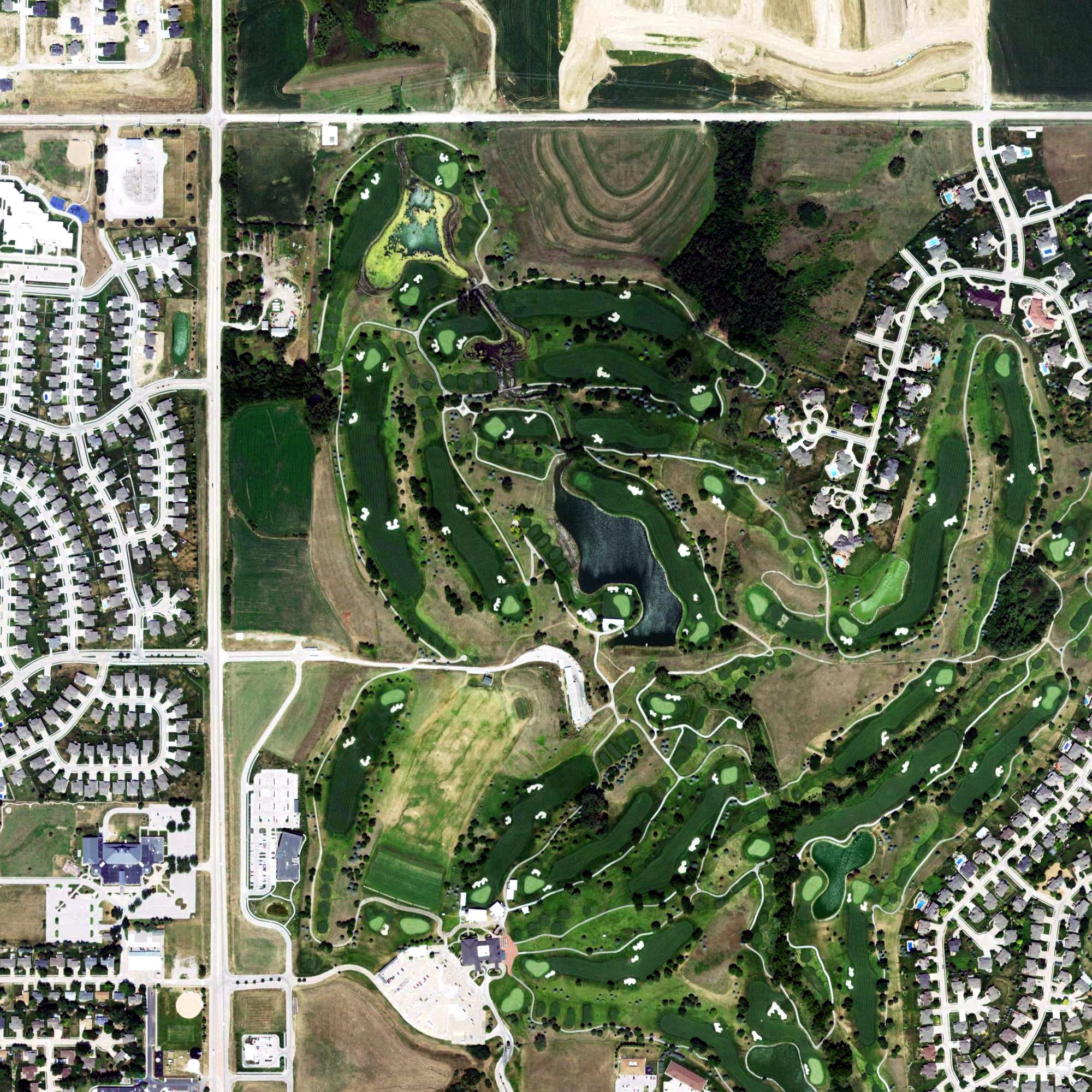 Aerial view of Golf at Indian Creek - Gray Hawk Course, NE, with its hole routing marked