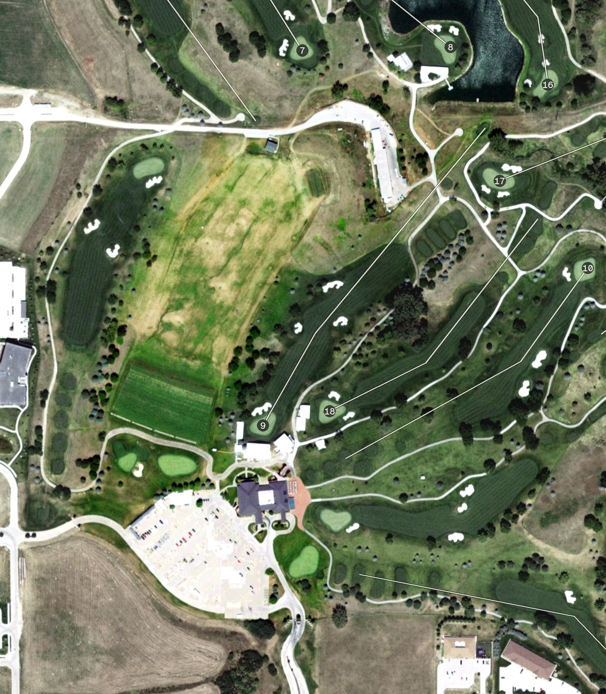 Aerial view of Golf at Indian Creek, NE, with its hole routing marked