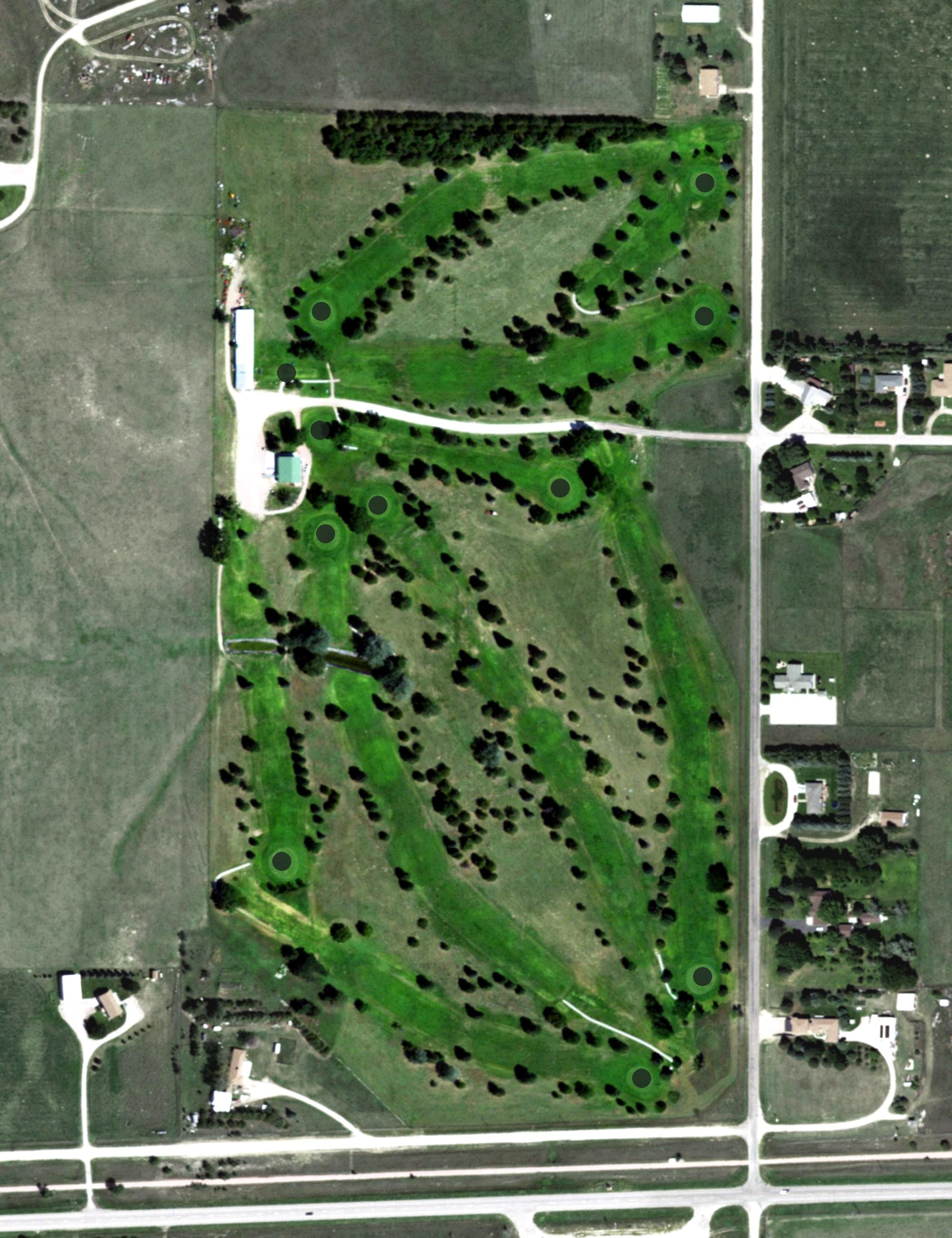 Aerial view of Gordon Country Club GC and Park, NE, with its hole routing marked