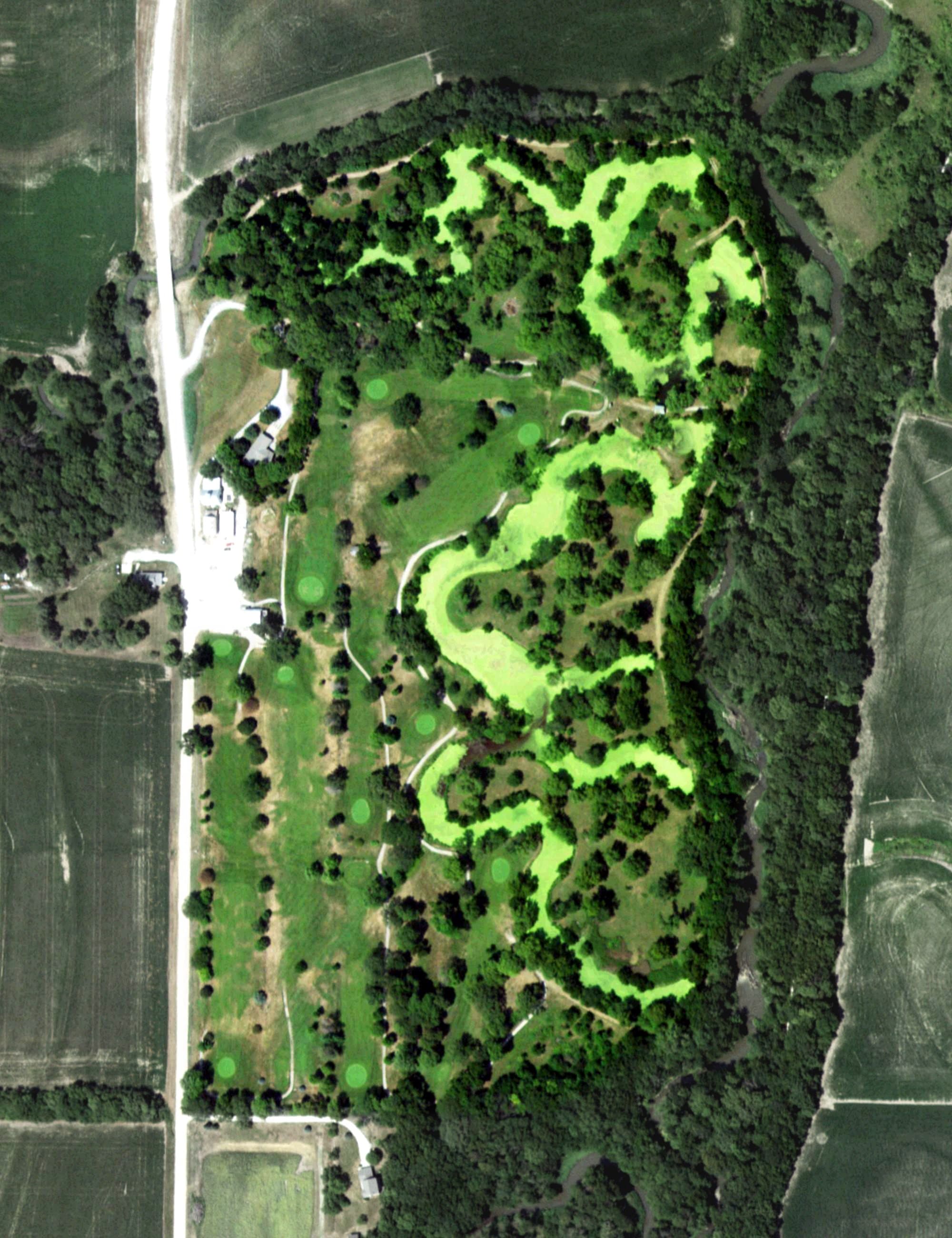 Aerial view of Grandpa's Woods Golf Course, NE, with its hole routing marked