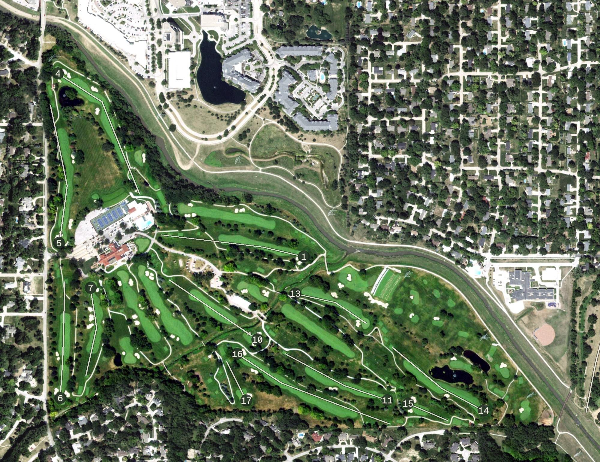 Aerial view of Happy Hollow Club, NE, with its hole routing marked