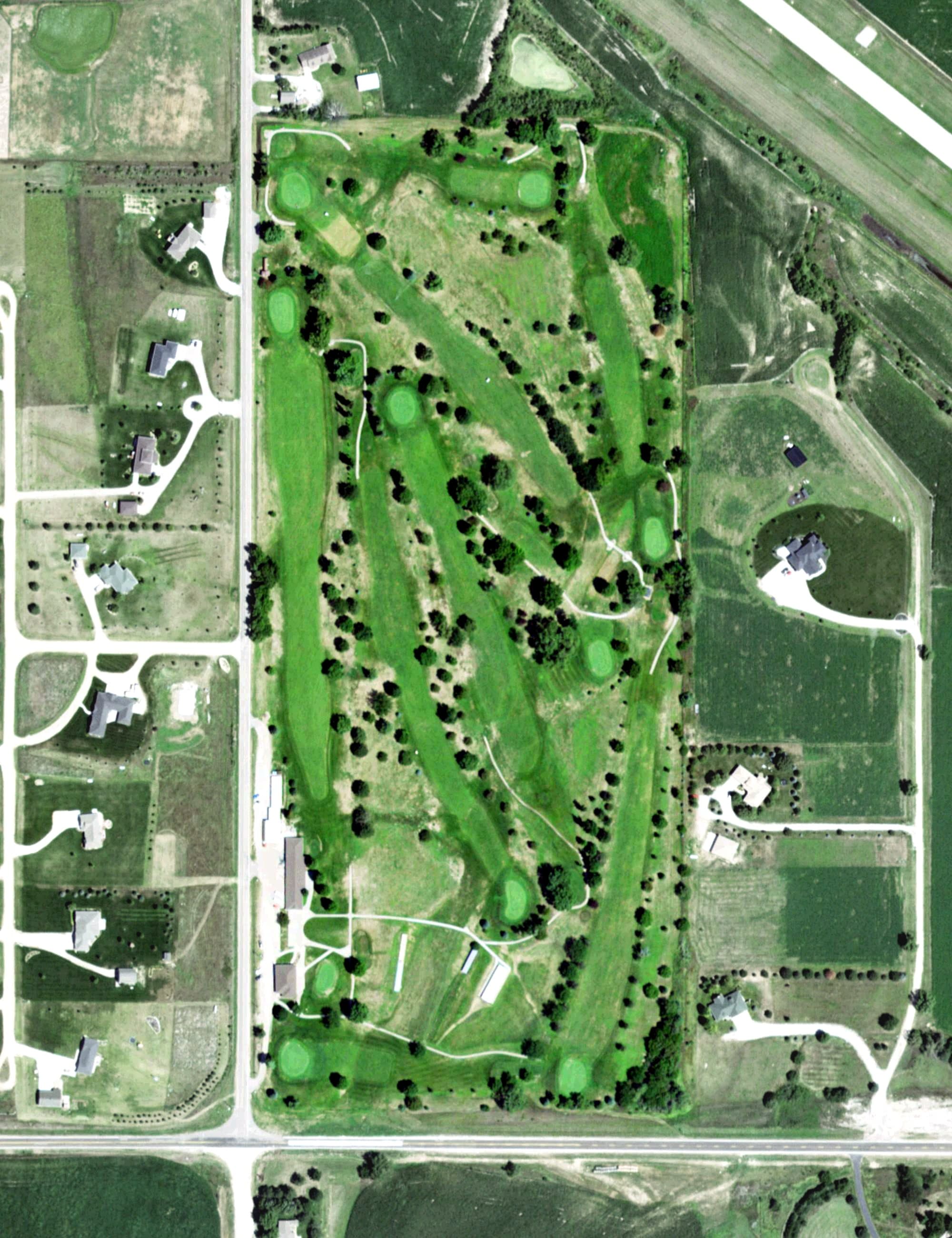 Aerial view of Hebron Country Club, NE, with its hole routing marked