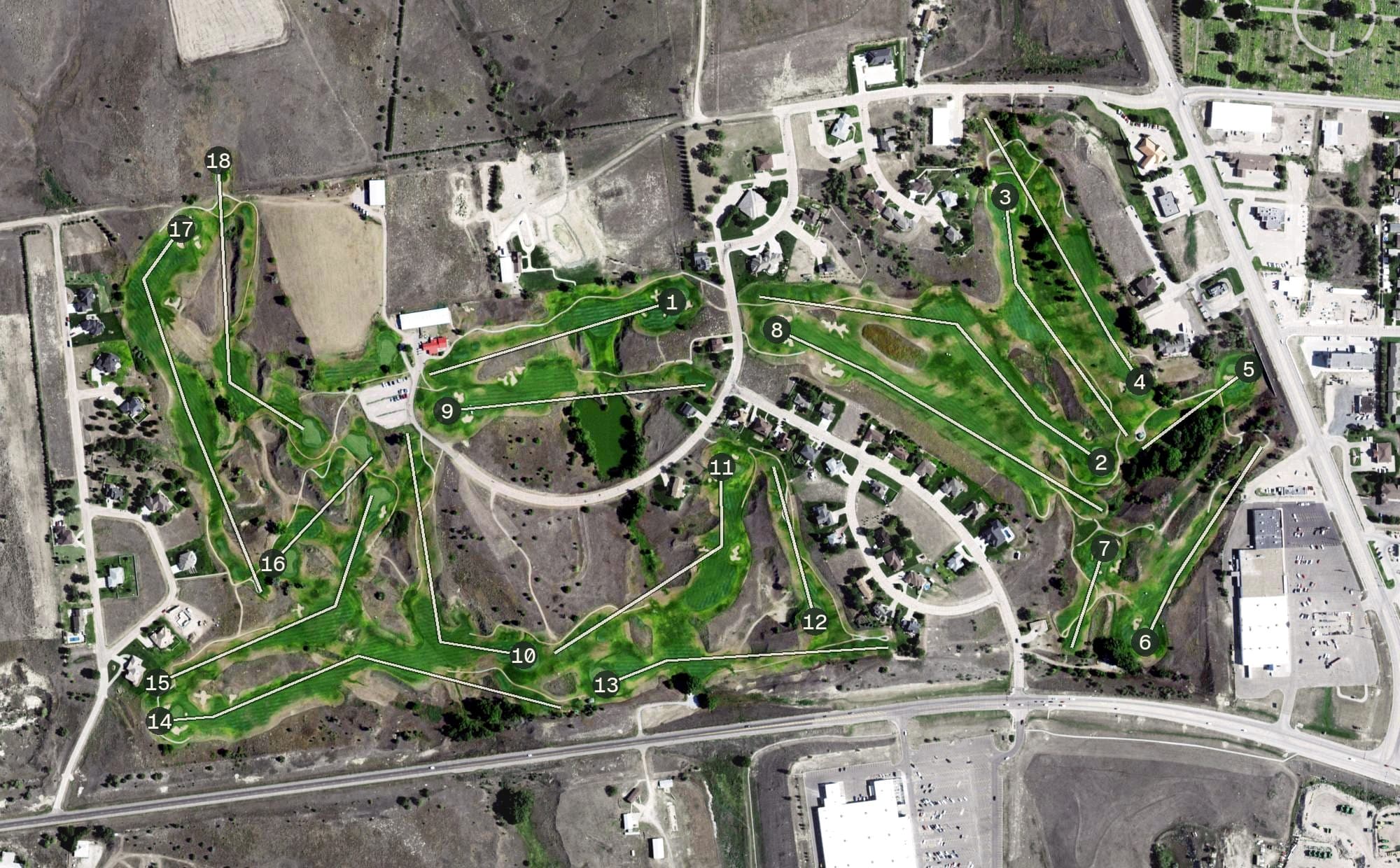 Aerial view of Heritage Hills Golf Course, NE, with its hole routing marked