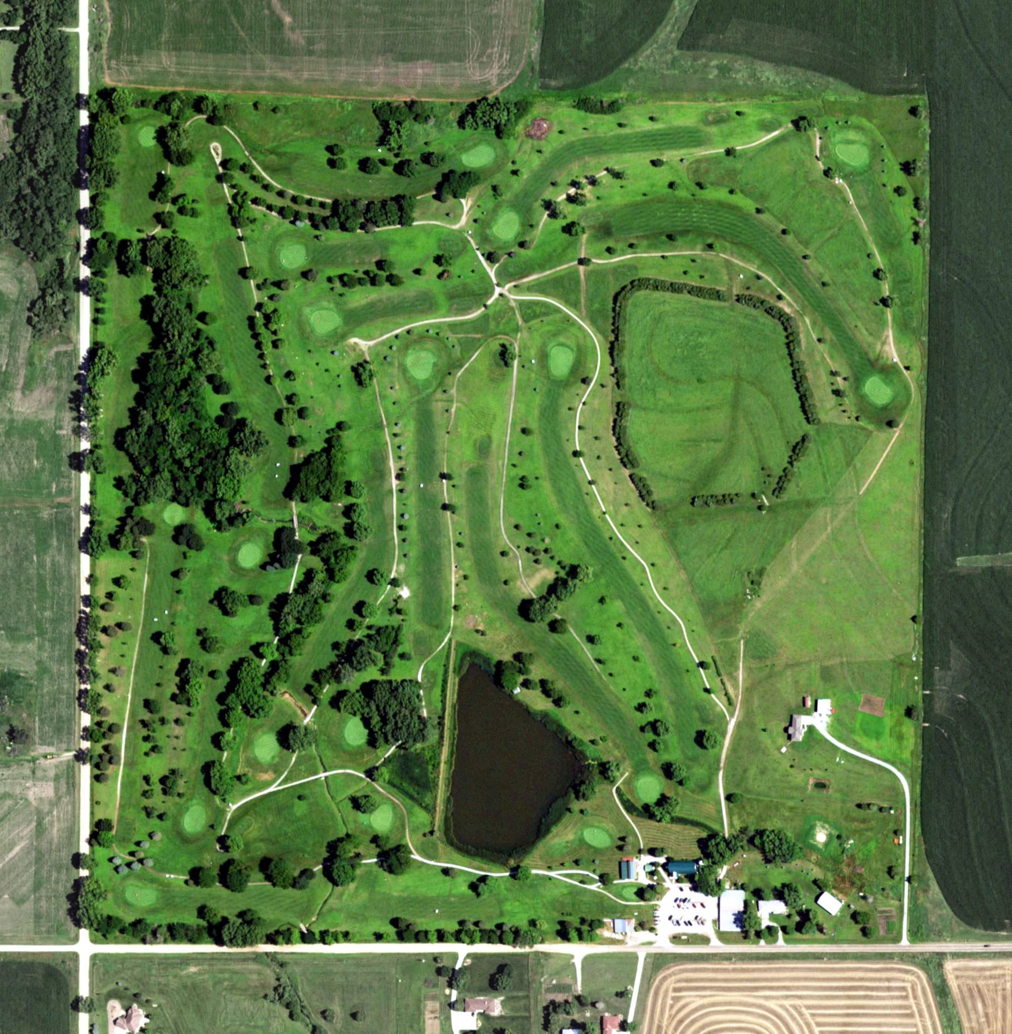 Aerial view of Hidden Acres Golf Course, NE, with its hole routing marked