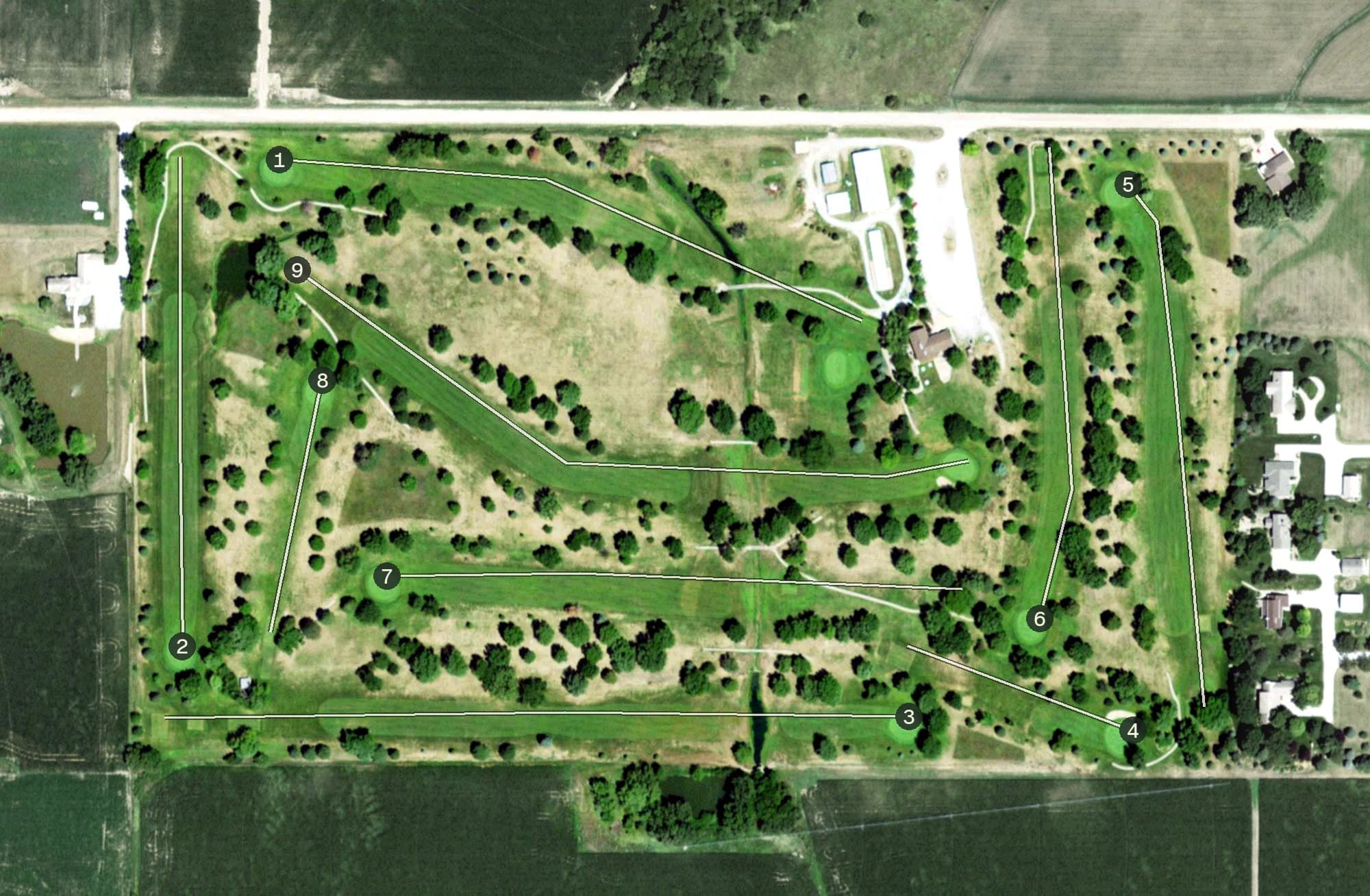 Aerial view of Hidden Hills Country Club, NE, with its hole routing marked
