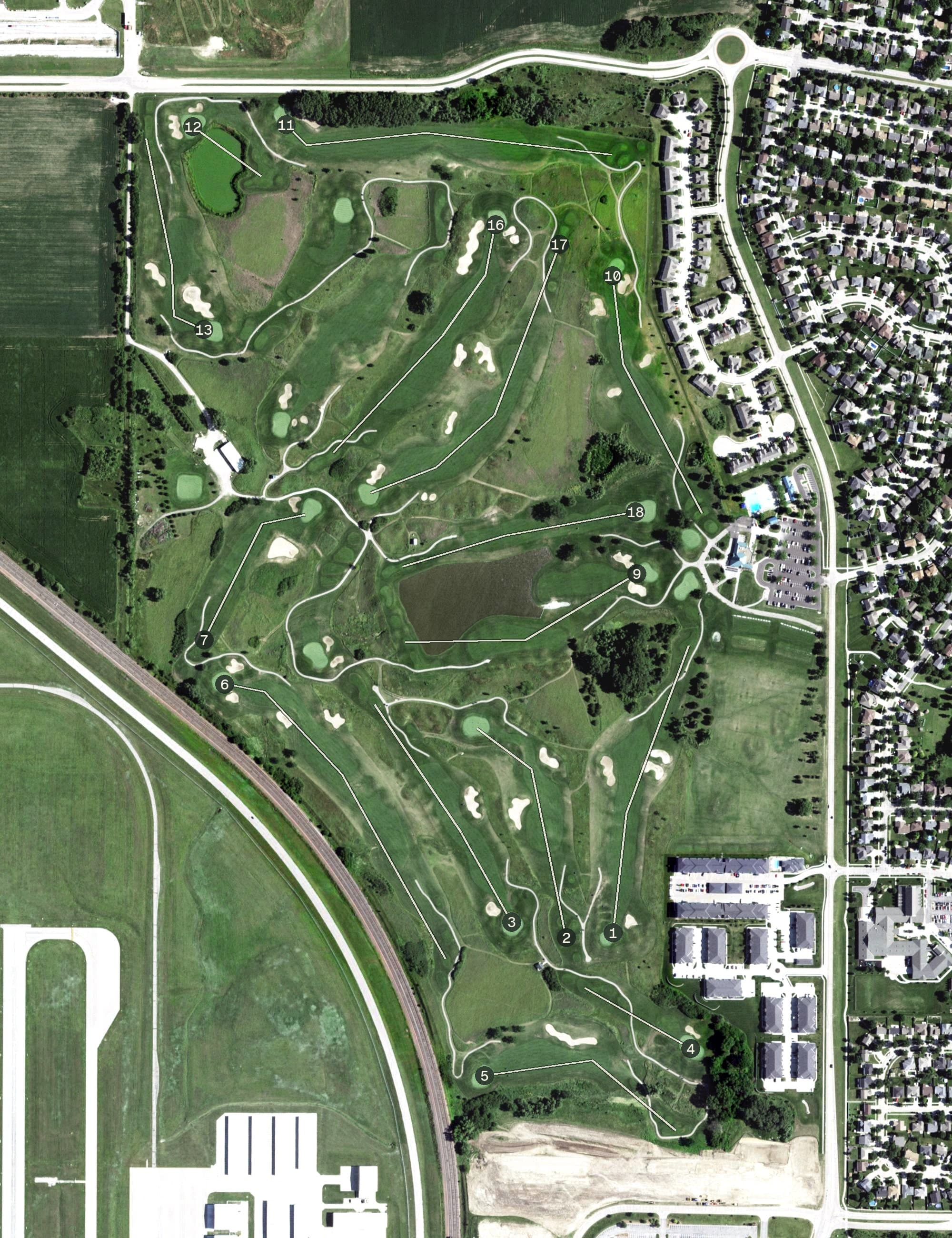Aerial view of Highlands Golf Course, NE, with its hole routing marked