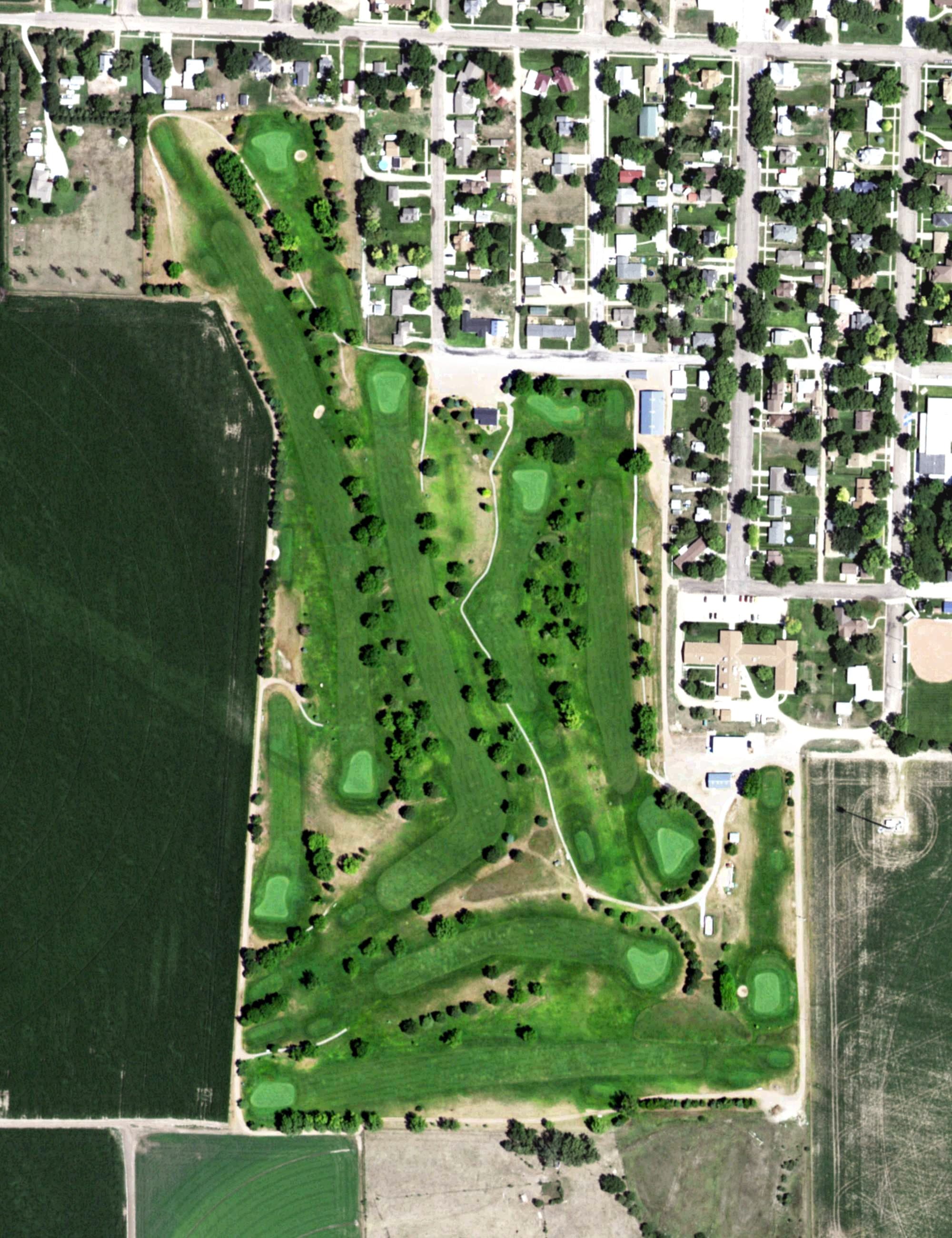 Aerial view of Hiline Golf Course, NE, with its hole routing marked