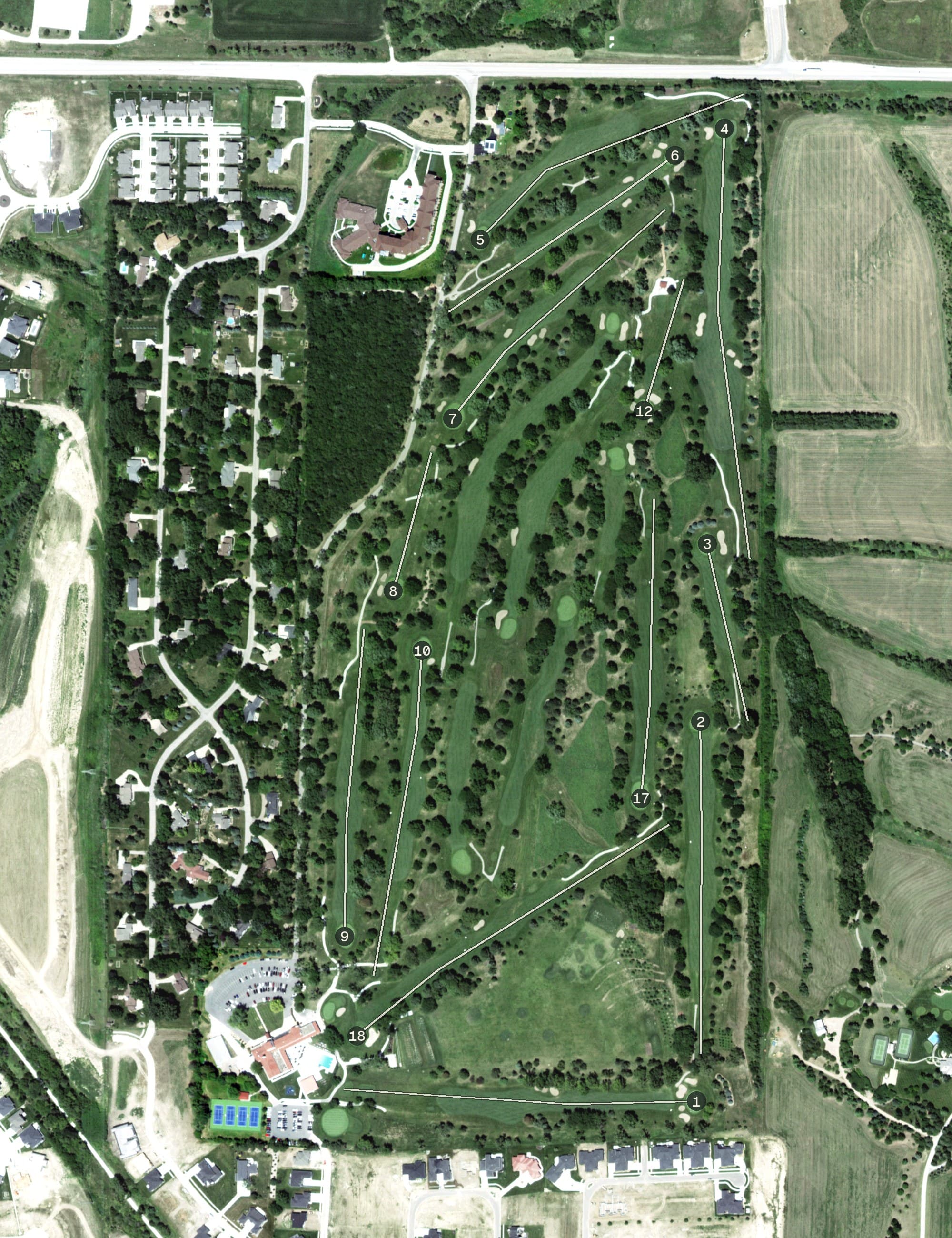 Aerial view of Hillcrest Country Club, NE, with its hole routing marked