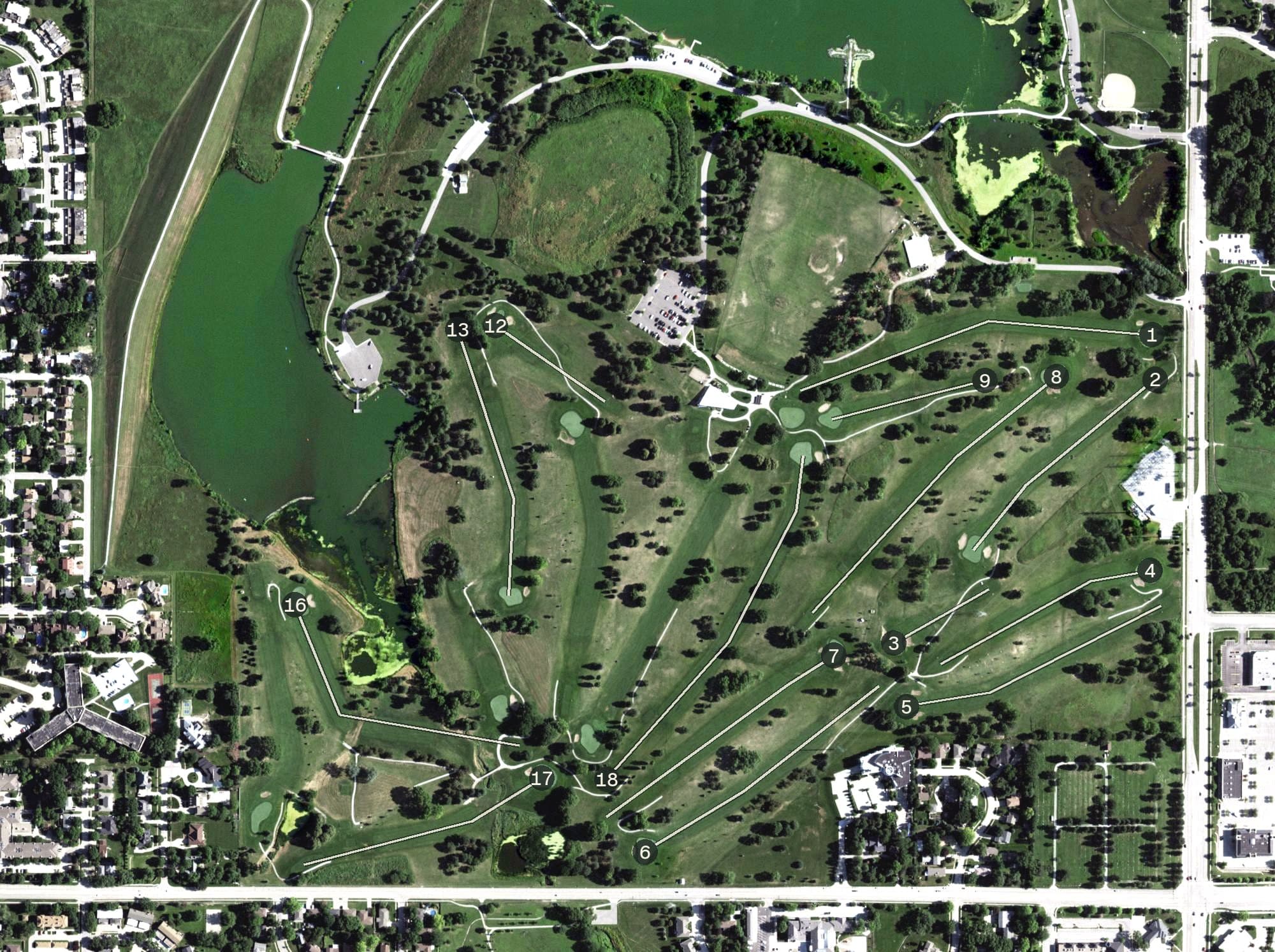 Aerial view of Holmes Park Golf Course, NE, with its hole routing marked