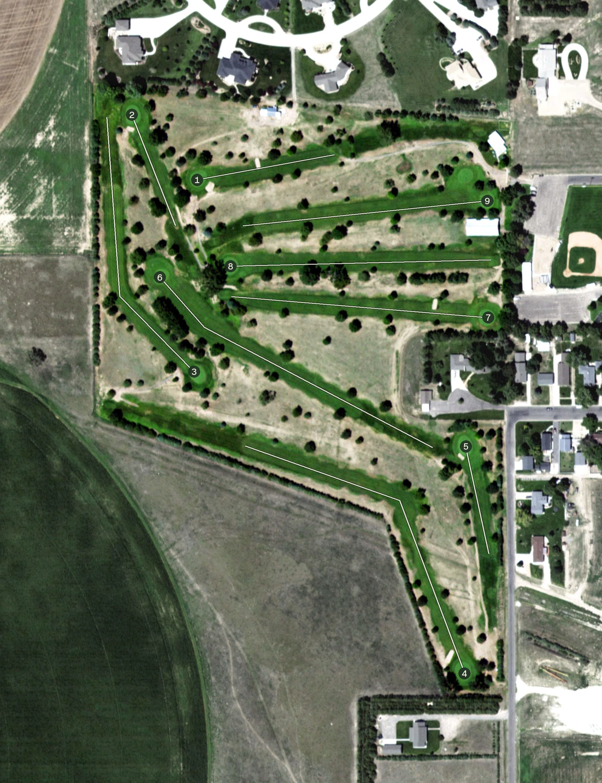 Aerial view of Imperial Country Club, NE, with its hole routing marked