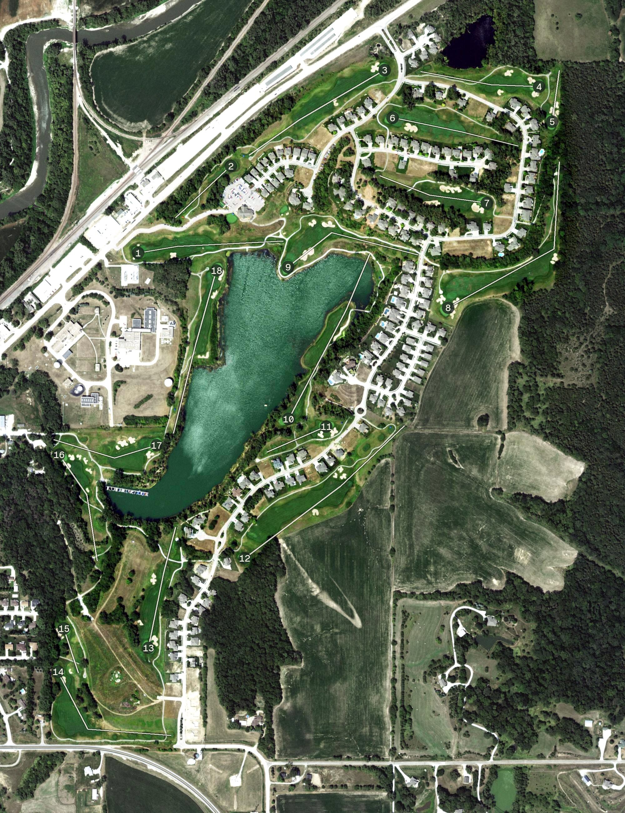 Aerial view of Iron Horse Golf Club, NE, with its hole routing marked