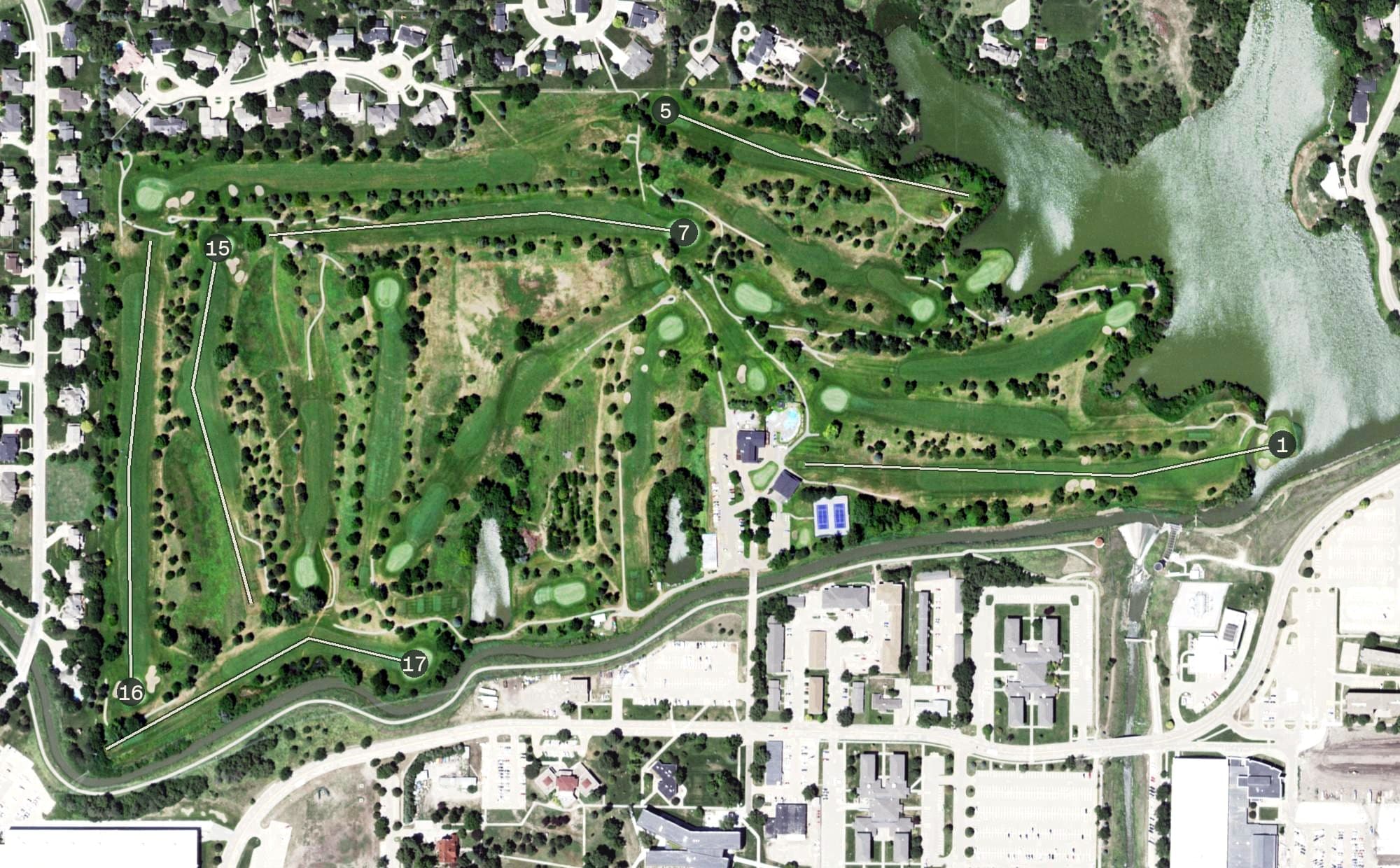 Aerial view of Kearney Country Club, NE, with its hole routing marked