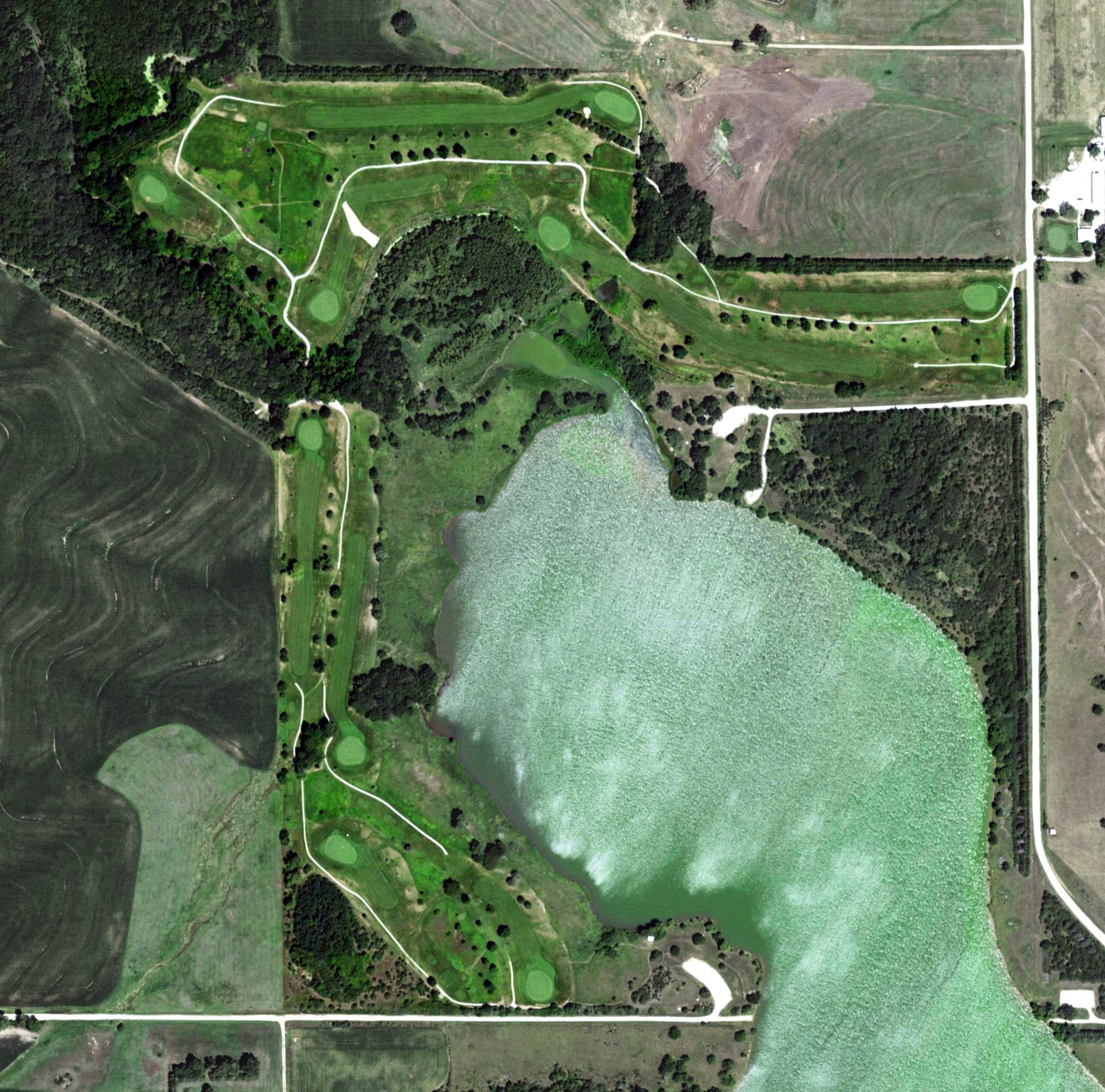 Aerial view of Kirkman's Lakeview Golf Course, NE, with its hole routing marked