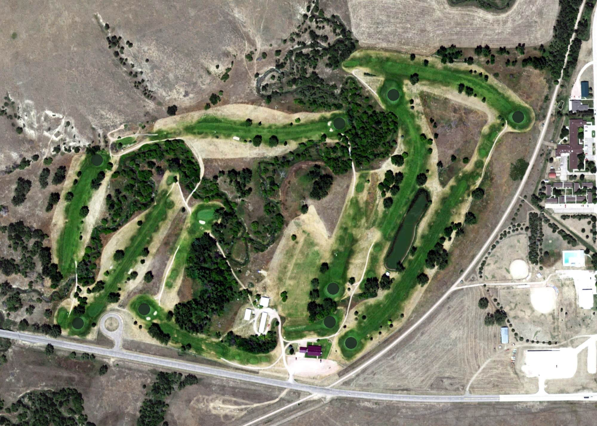 Aerial view of Legend Buttes Golf Course, NE, with its hole routing marked