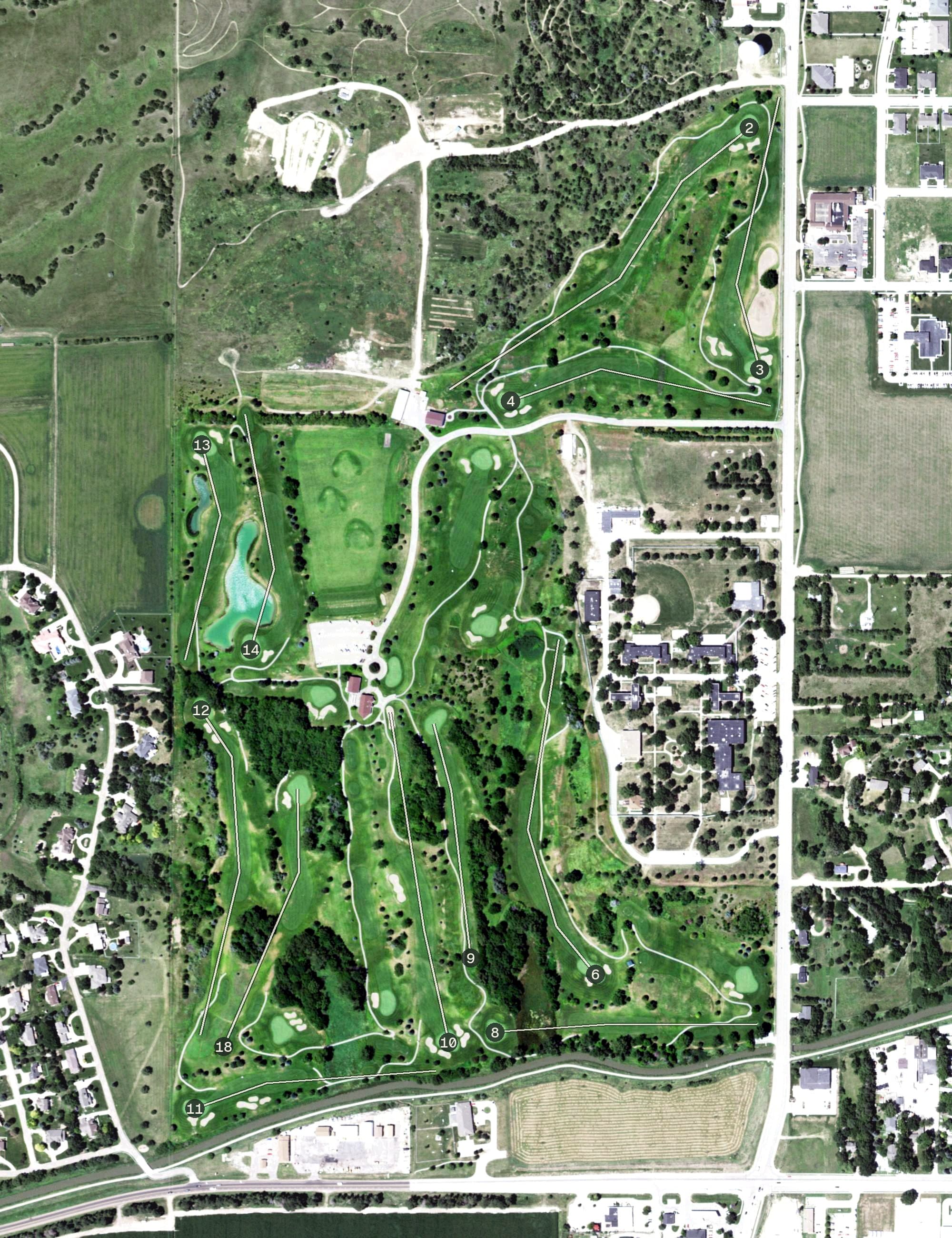 Aerial view of Meadowlark Hills Golf Course, NE, with its hole routing marked