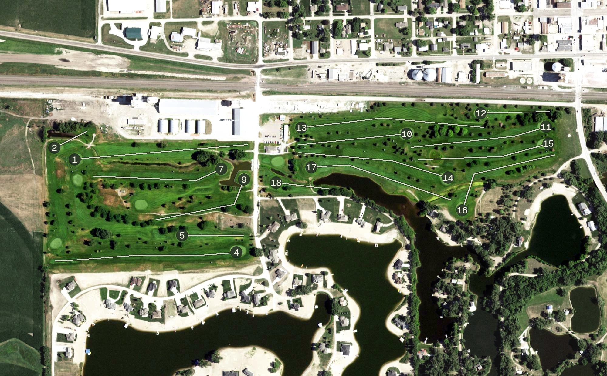 Aerial view of North Bend Golf Course, NE, with its hole routing marked