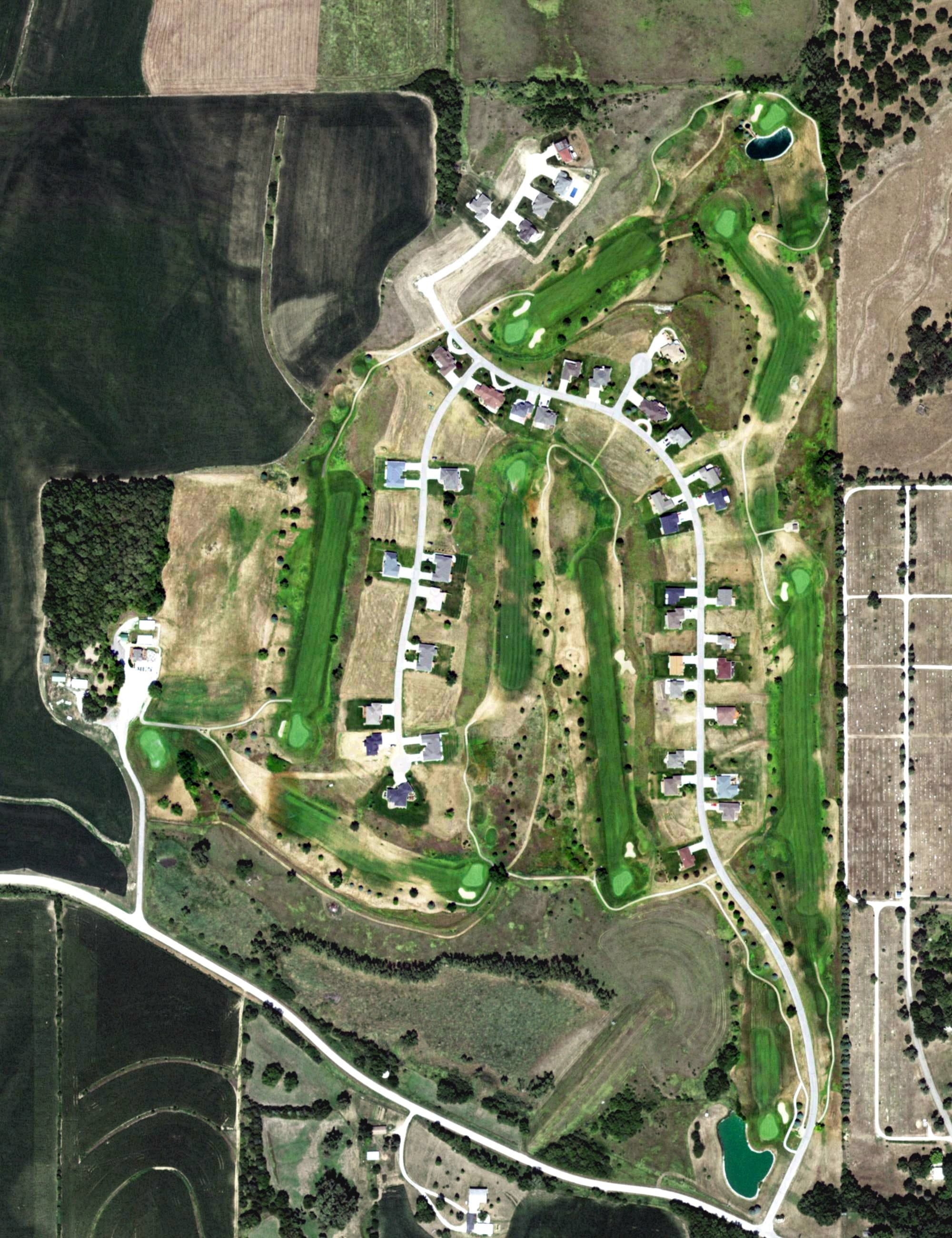 Aerial view of Northridge Country Club, NE, with its hole routing marked