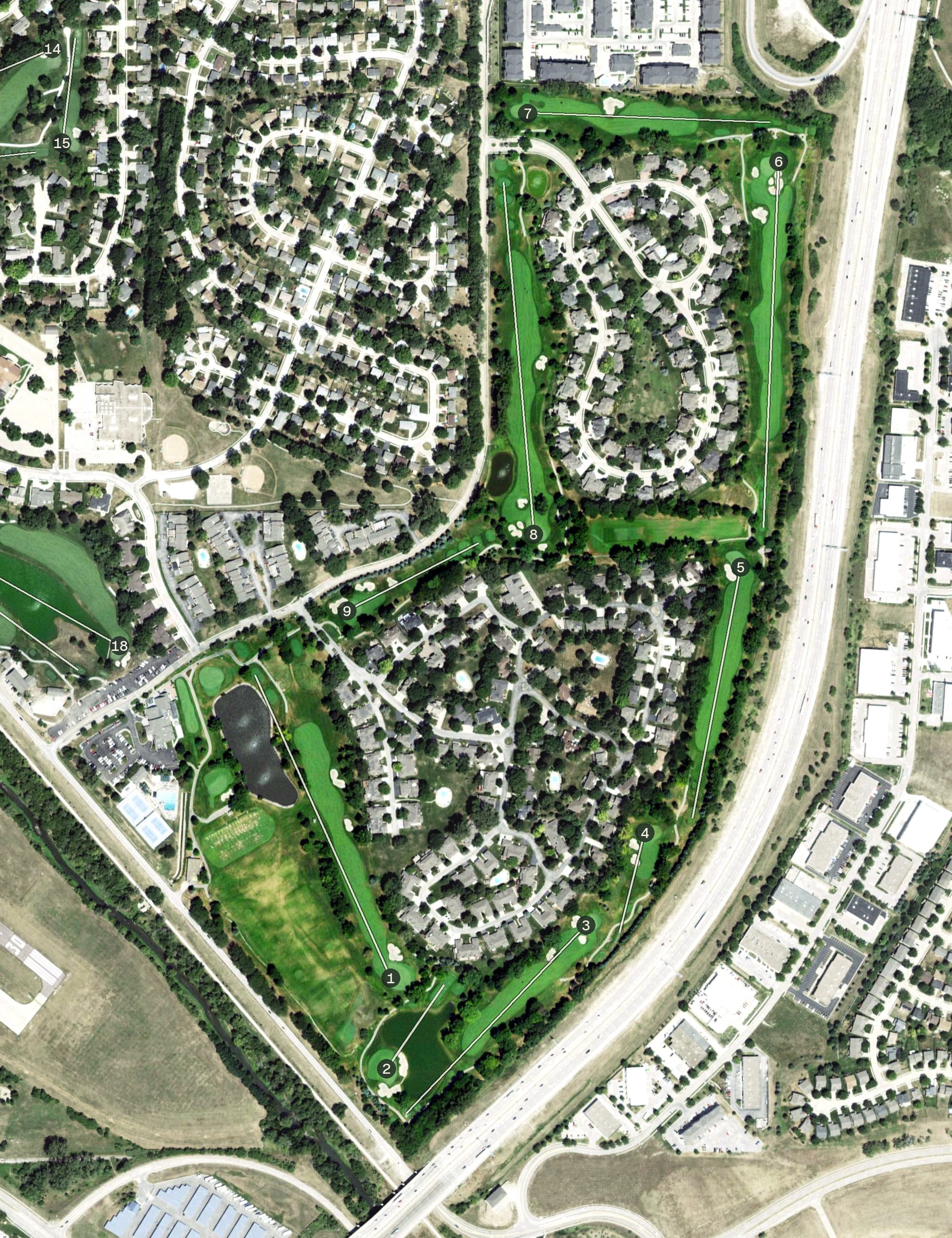 Aerial view of Oak Hills Country Club, NE, with its hole routing marked