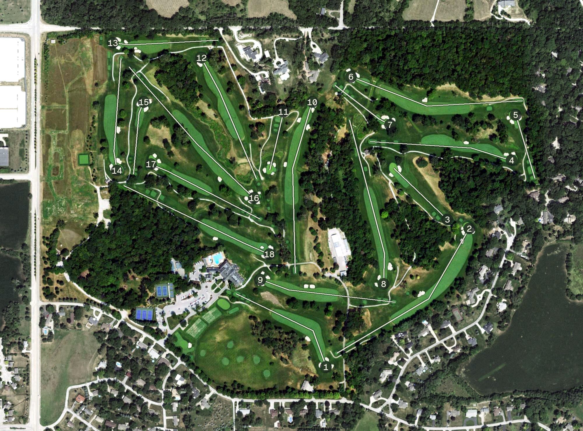 Aerial view of Omaha Country Club, NE, with its hole routing marked