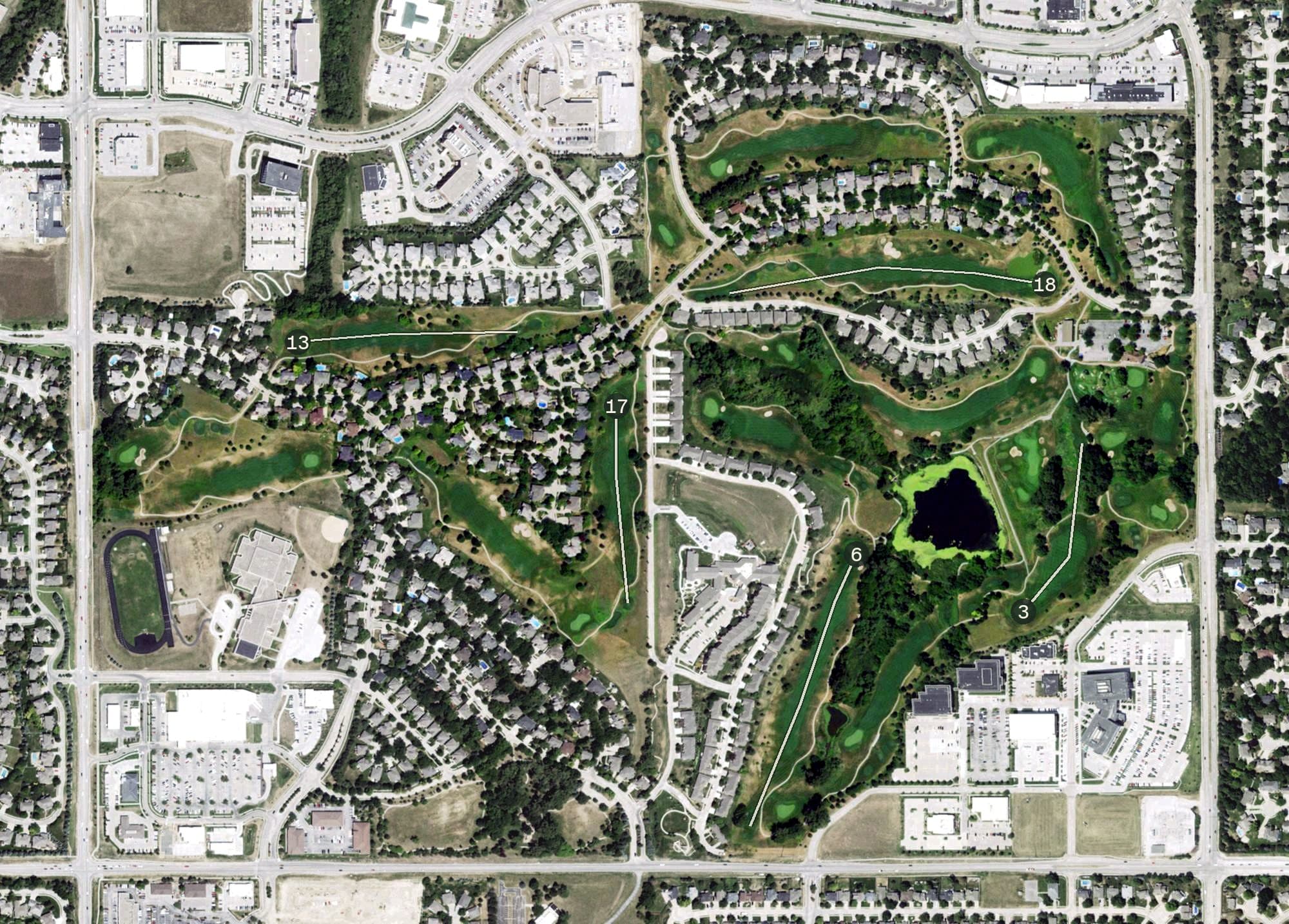 Aerial view of Pacific Springs Golf Course, NE, with its hole routing marked