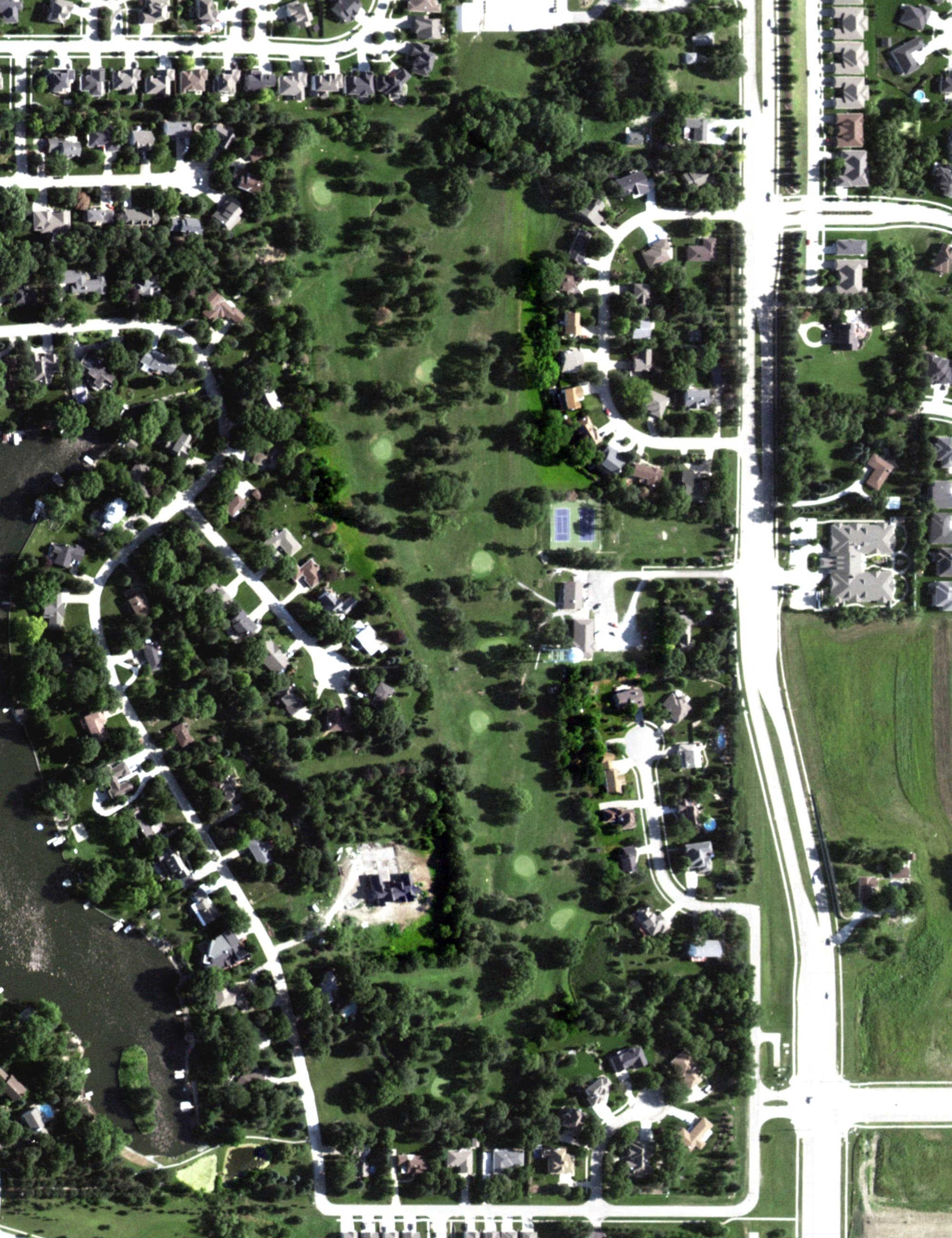 Aerial view of Pine Lake Golf Course, NE, with its hole routing marked