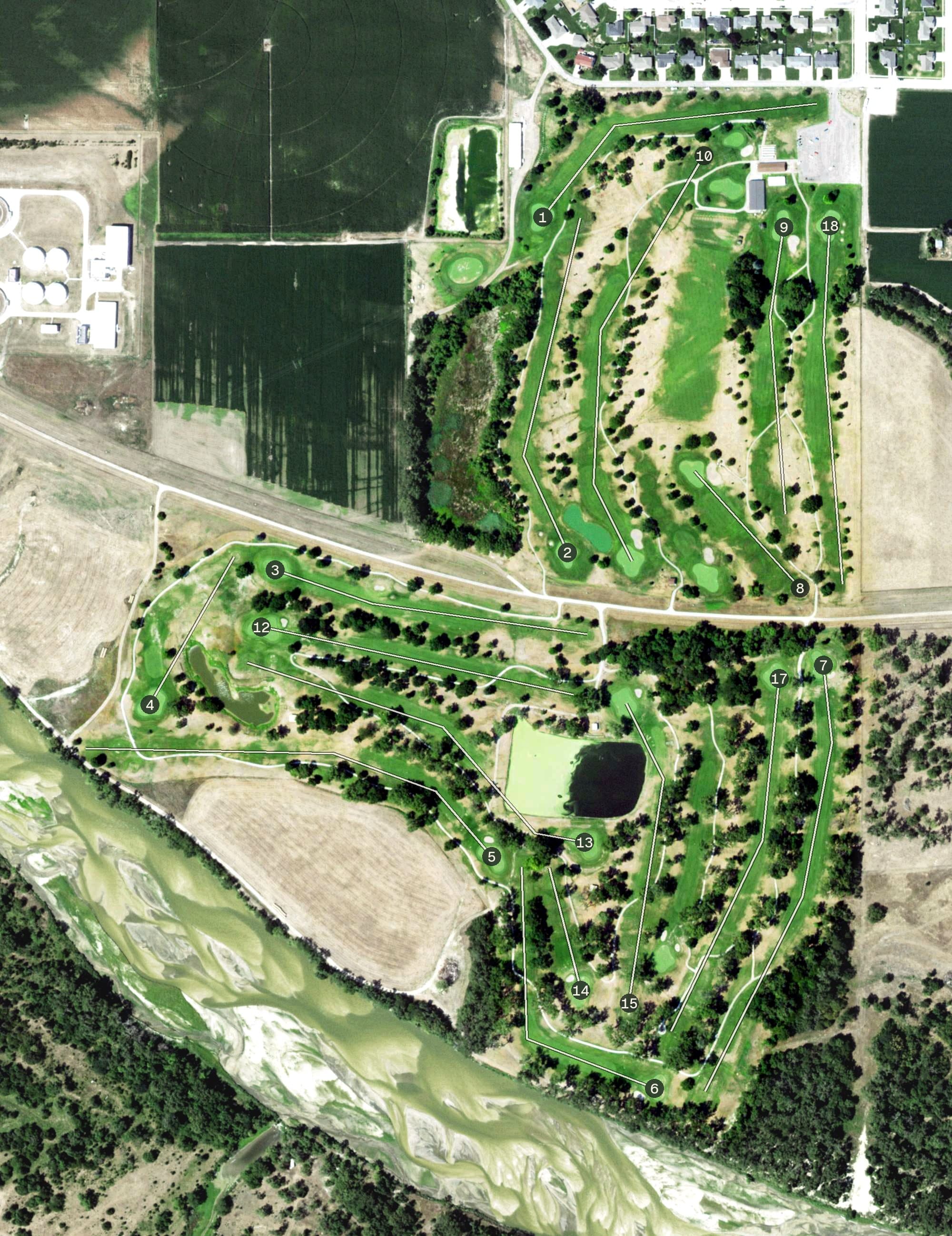 Aerial view of Quail Run Golf Course, NE, with its hole routing marked