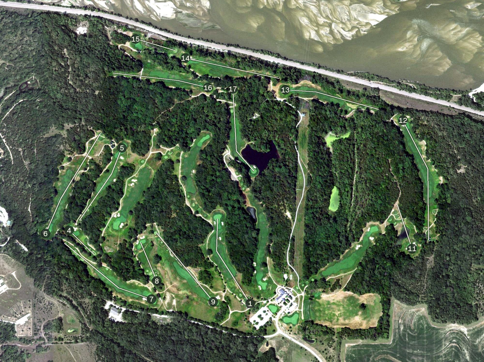 Aerial view of Quarry Oaks Golf Course, NE, with its hole routing marked