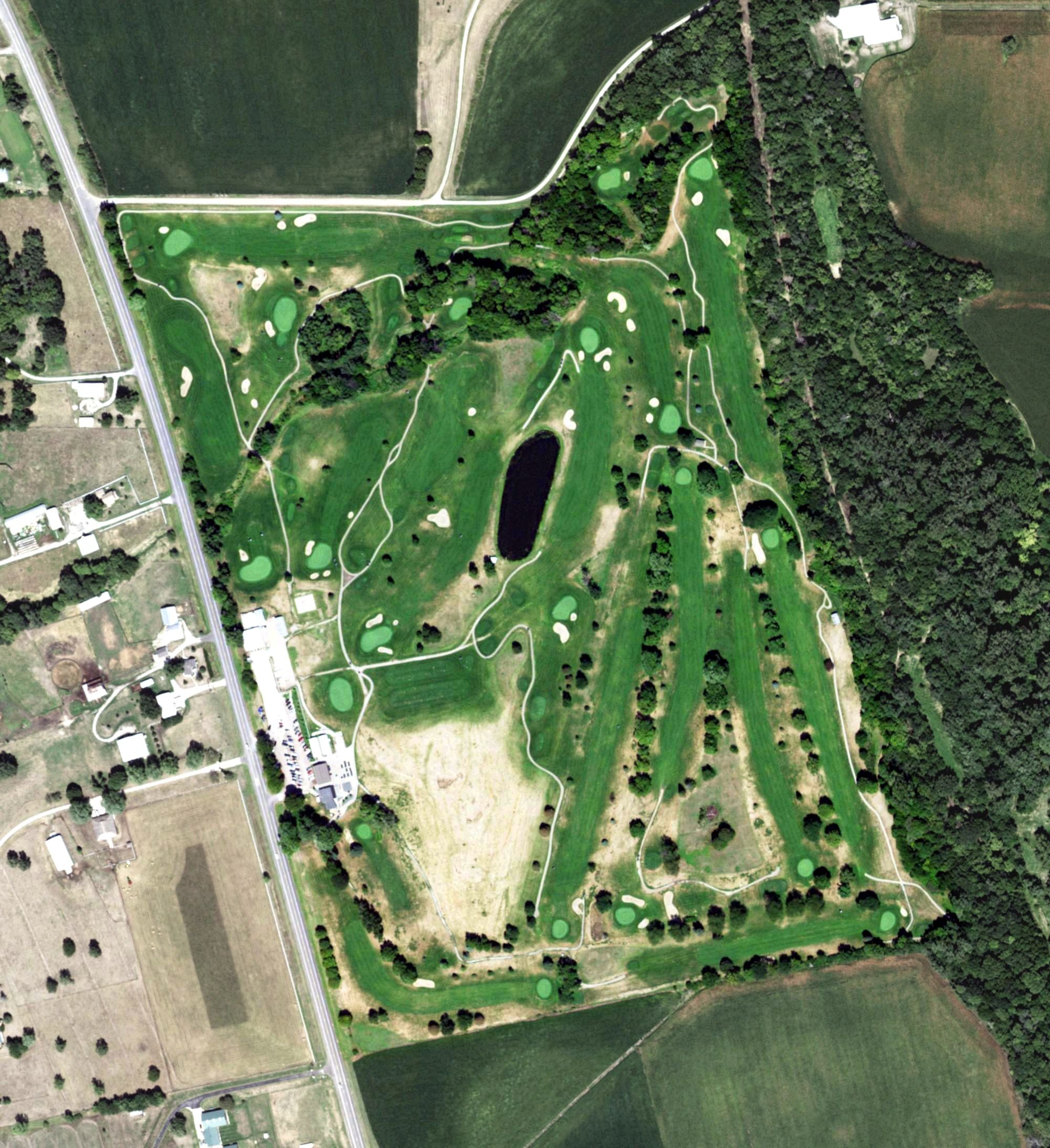 Aerial view of River Wilds Golf Club, NE, with its hole routing marked