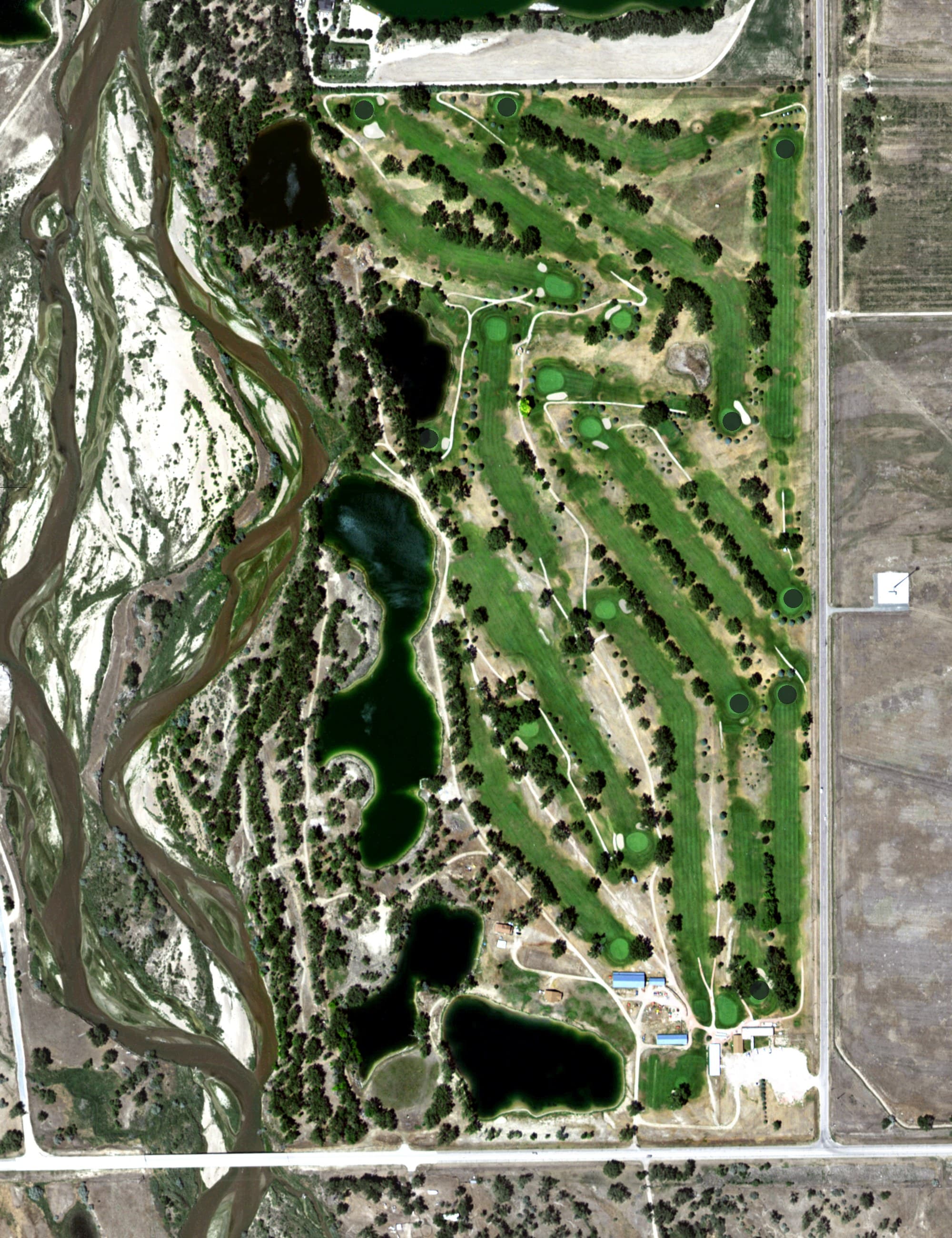 Aerial view of Riverview Golf and Country Club, NE, with its hole routing marked