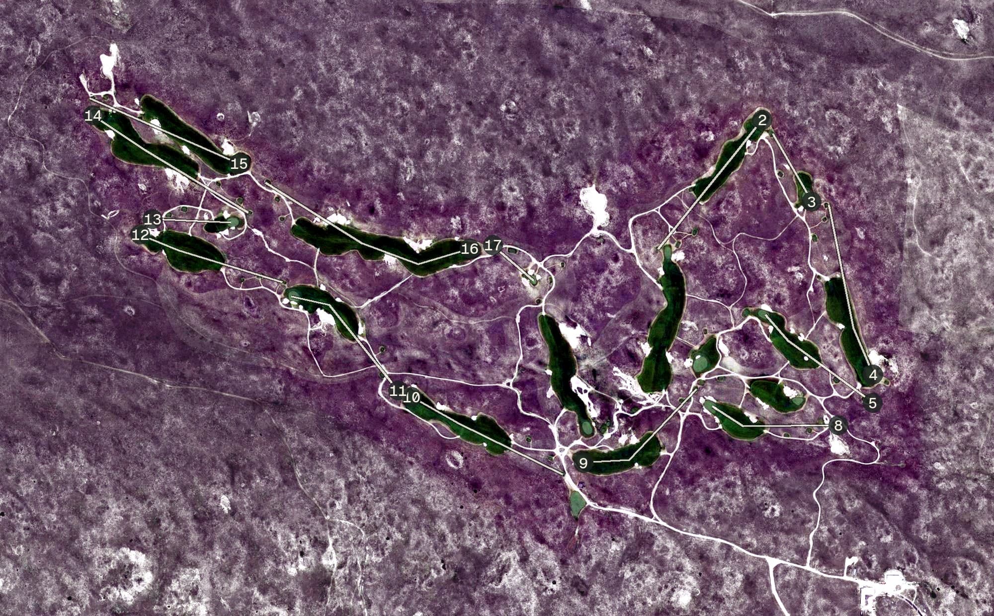 Aerial view of Sand Hills Golf Club, NE, with its hole routing marked