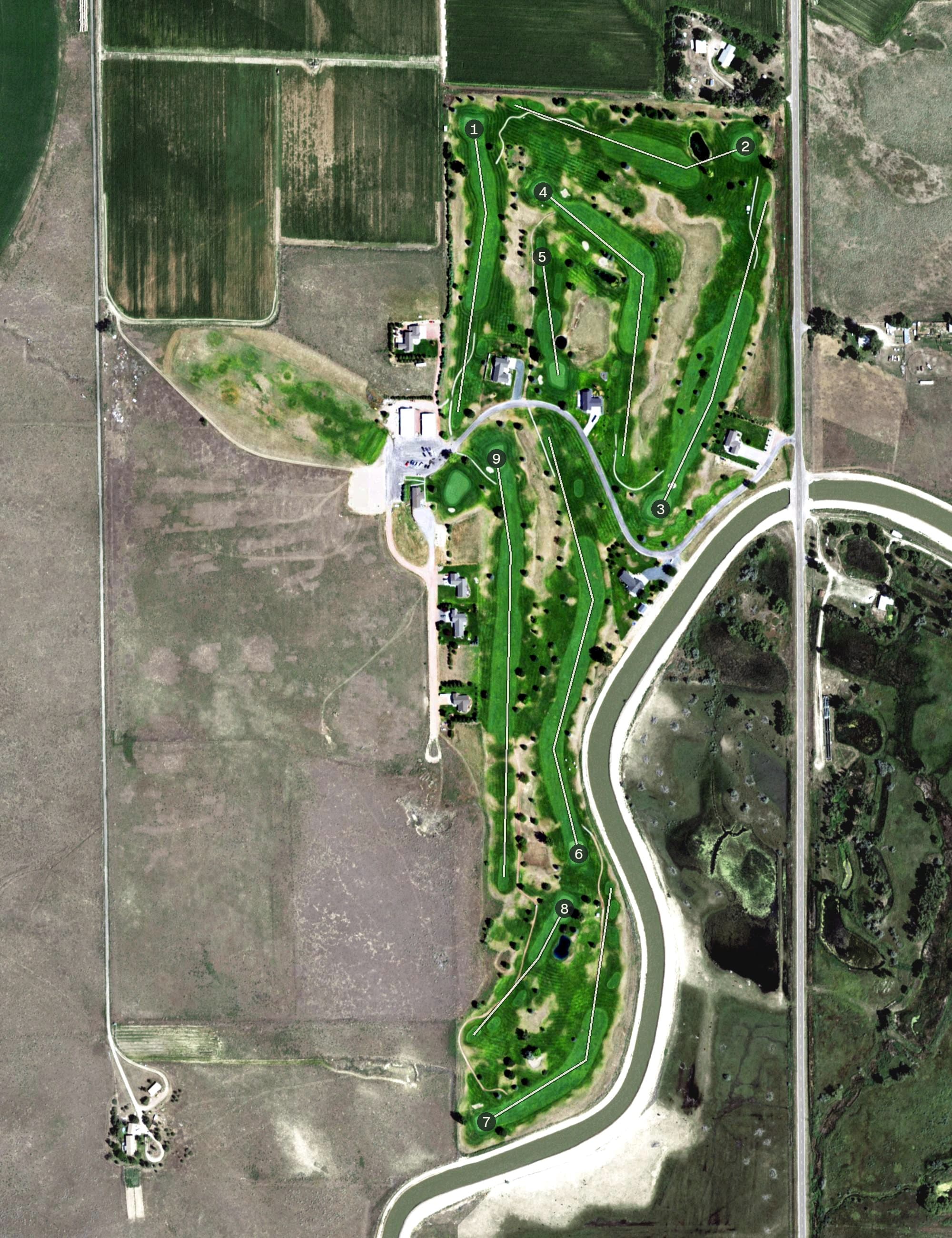 Aerial view of Scenic Knolls Golf Course, NE, with its hole routing marked