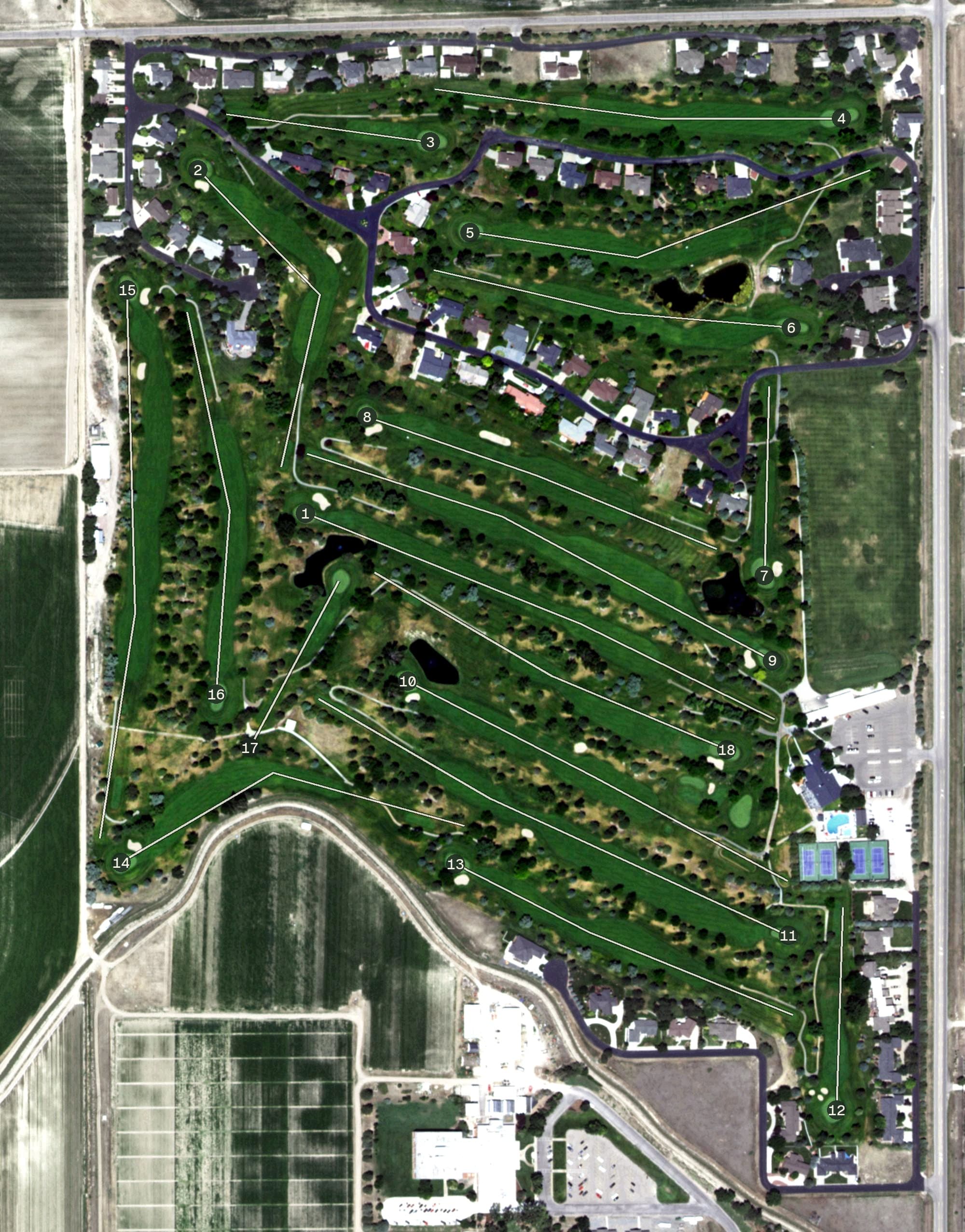 Aerial view of Scottsbluff Country Club, NE, with its hole routing marked