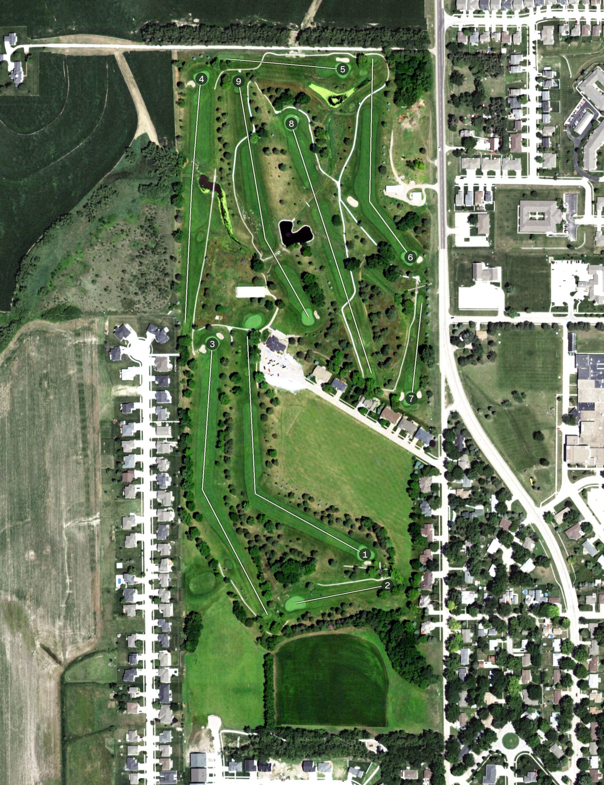 Aerial view of Seward Community Golf Course, NE, with its hole routing marked