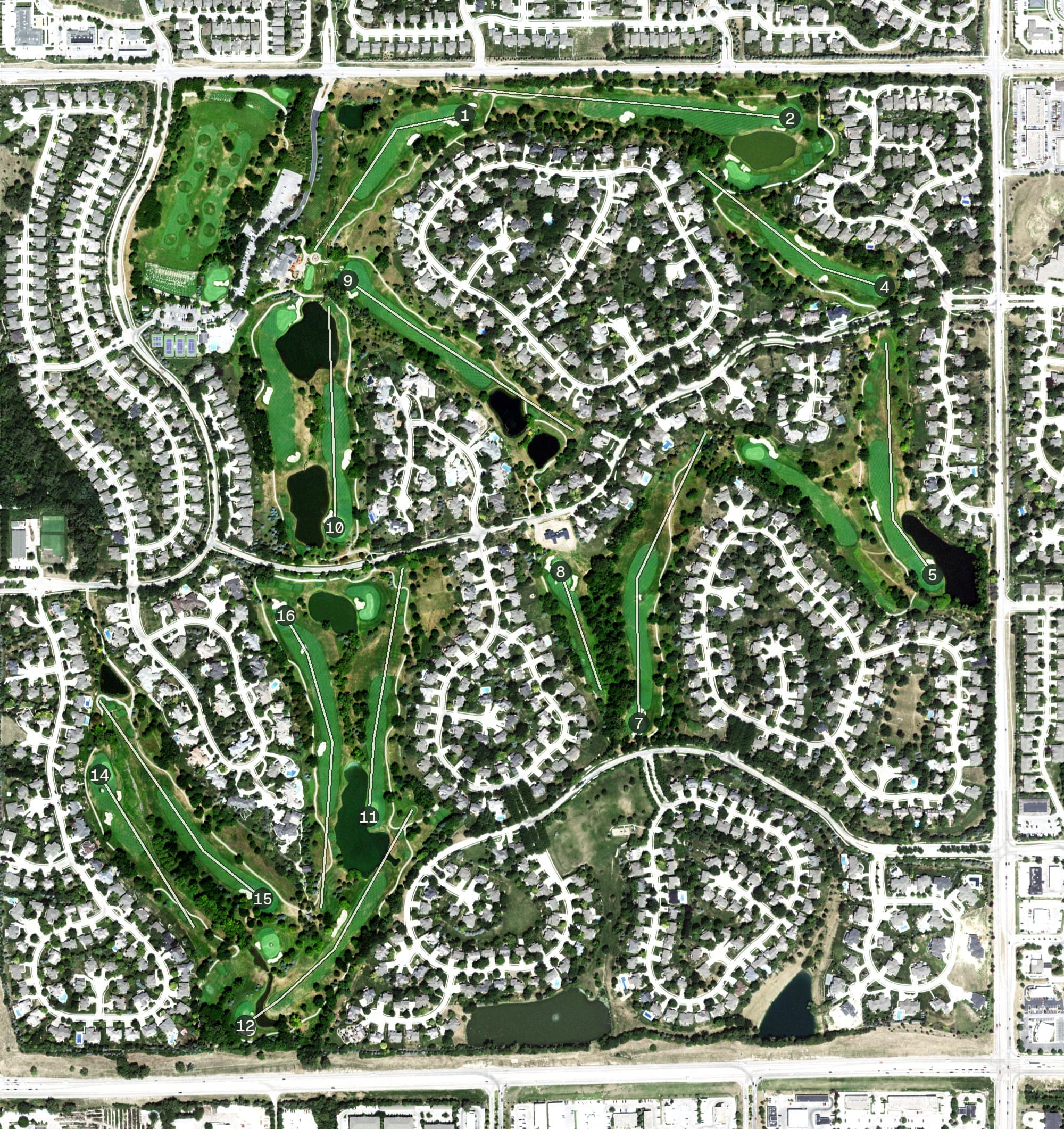 Aerial view of Shadow Ridge Country Club, NE, with its hole routing marked