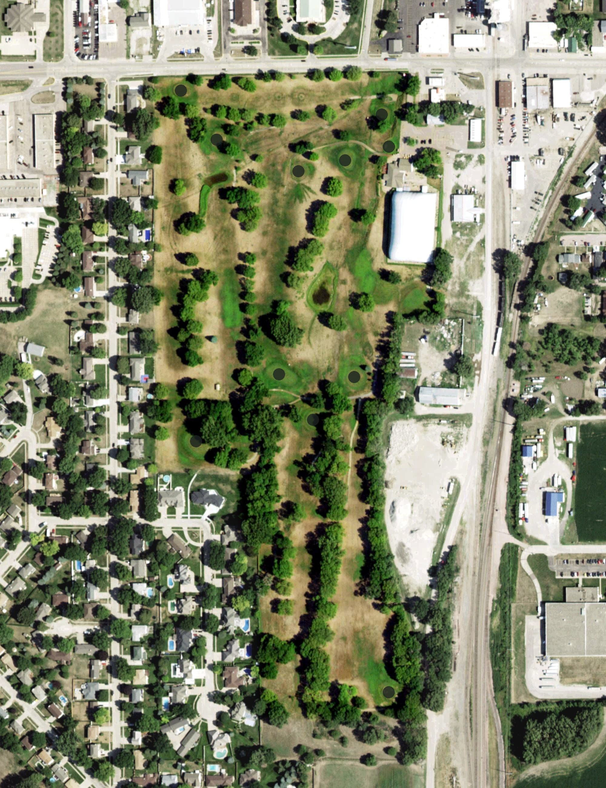 Aerial view of South Ridge Golf Course, NE, with its hole routing marked