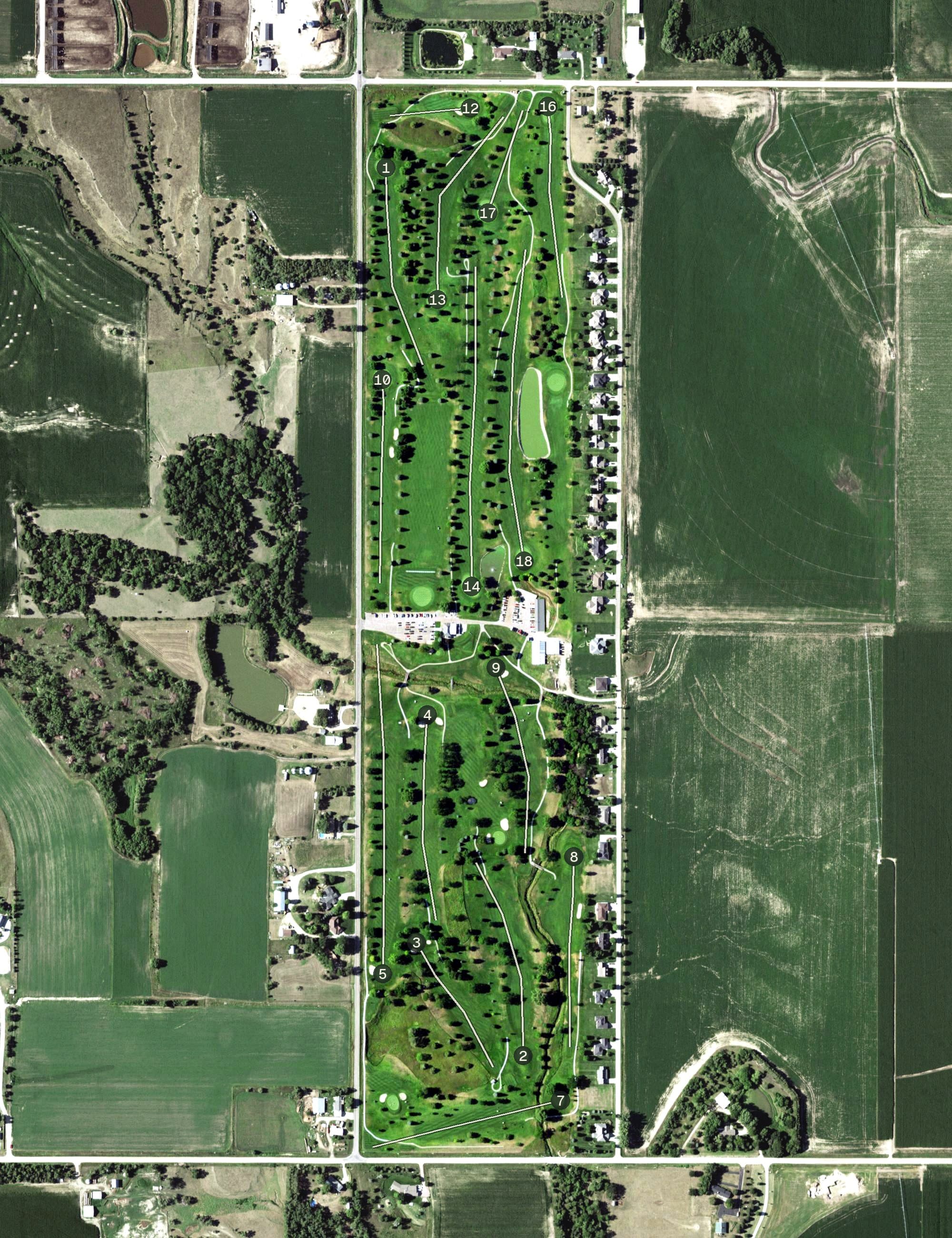 Aerial view of Southern Hills Golf Club, NE, with its hole routing marked