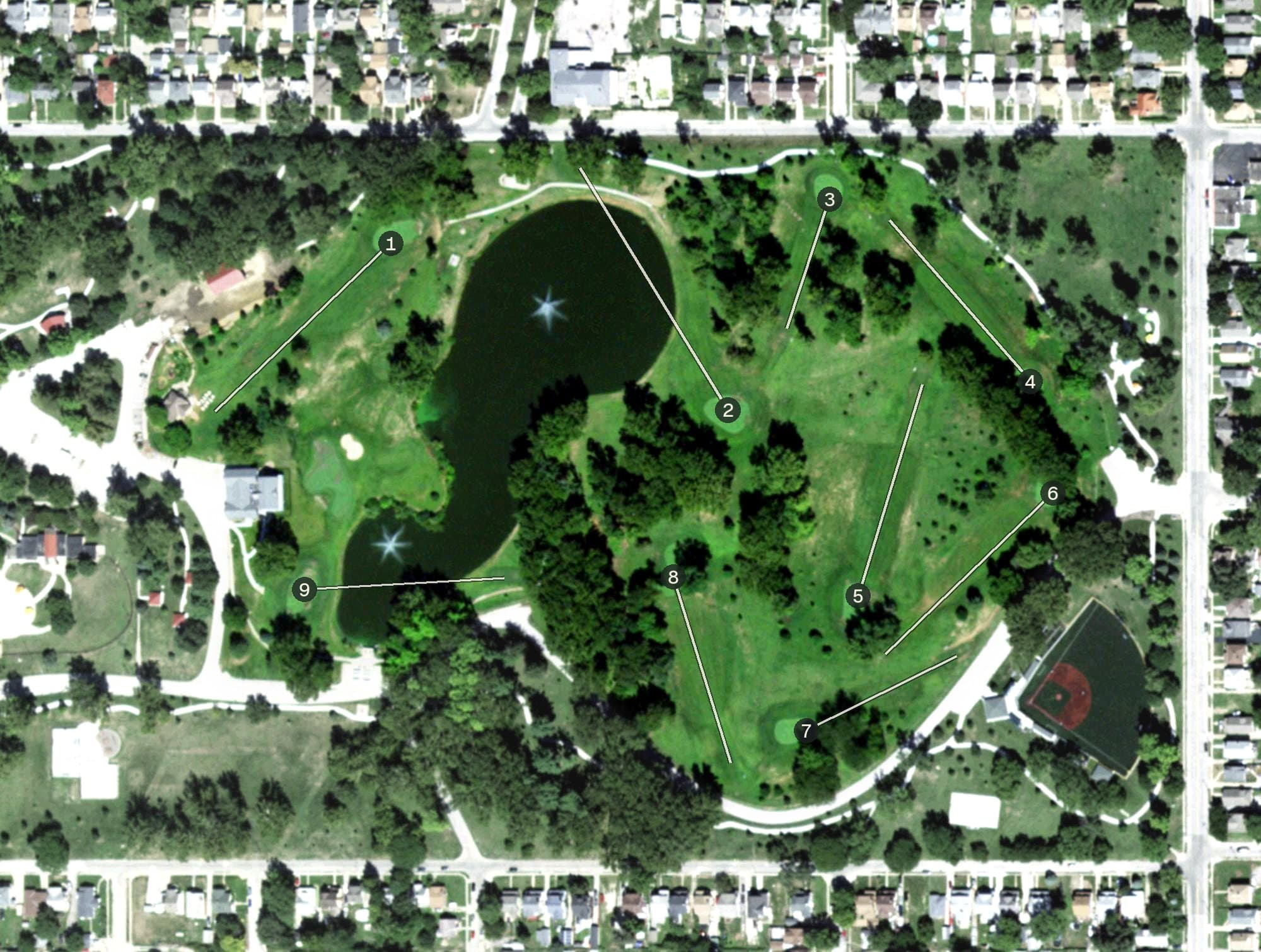Aerial view of Steve Hogan Golf Course, NE, with its hole routing marked