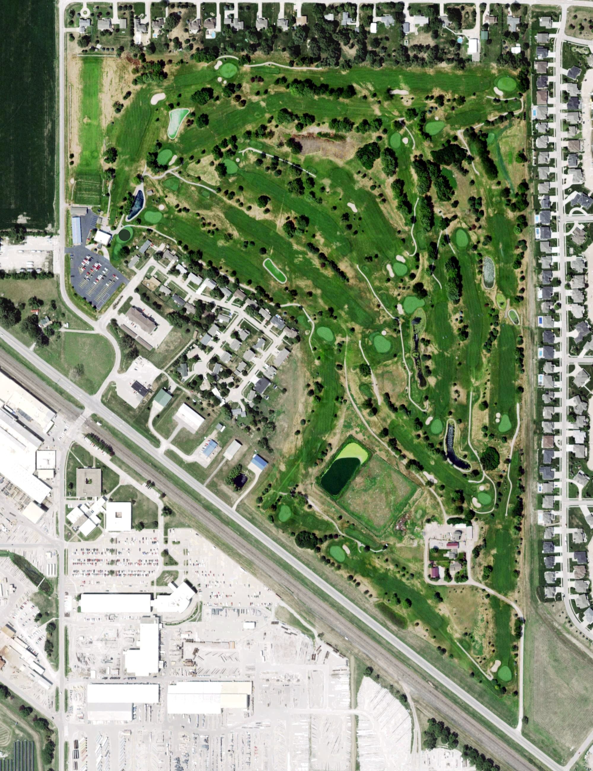 Aerial view of The Pines Country Club, NE, with its hole routing marked