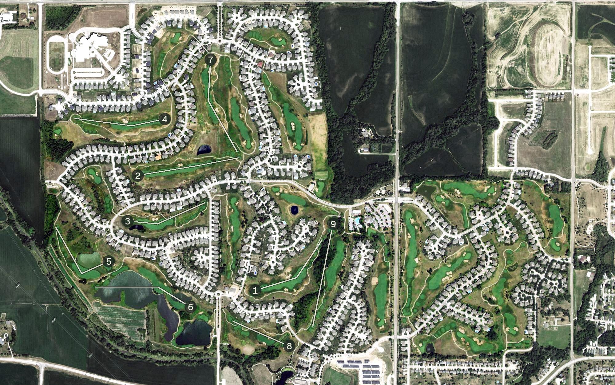 Aerial view of The Players Club, NE, with its hole routing marked