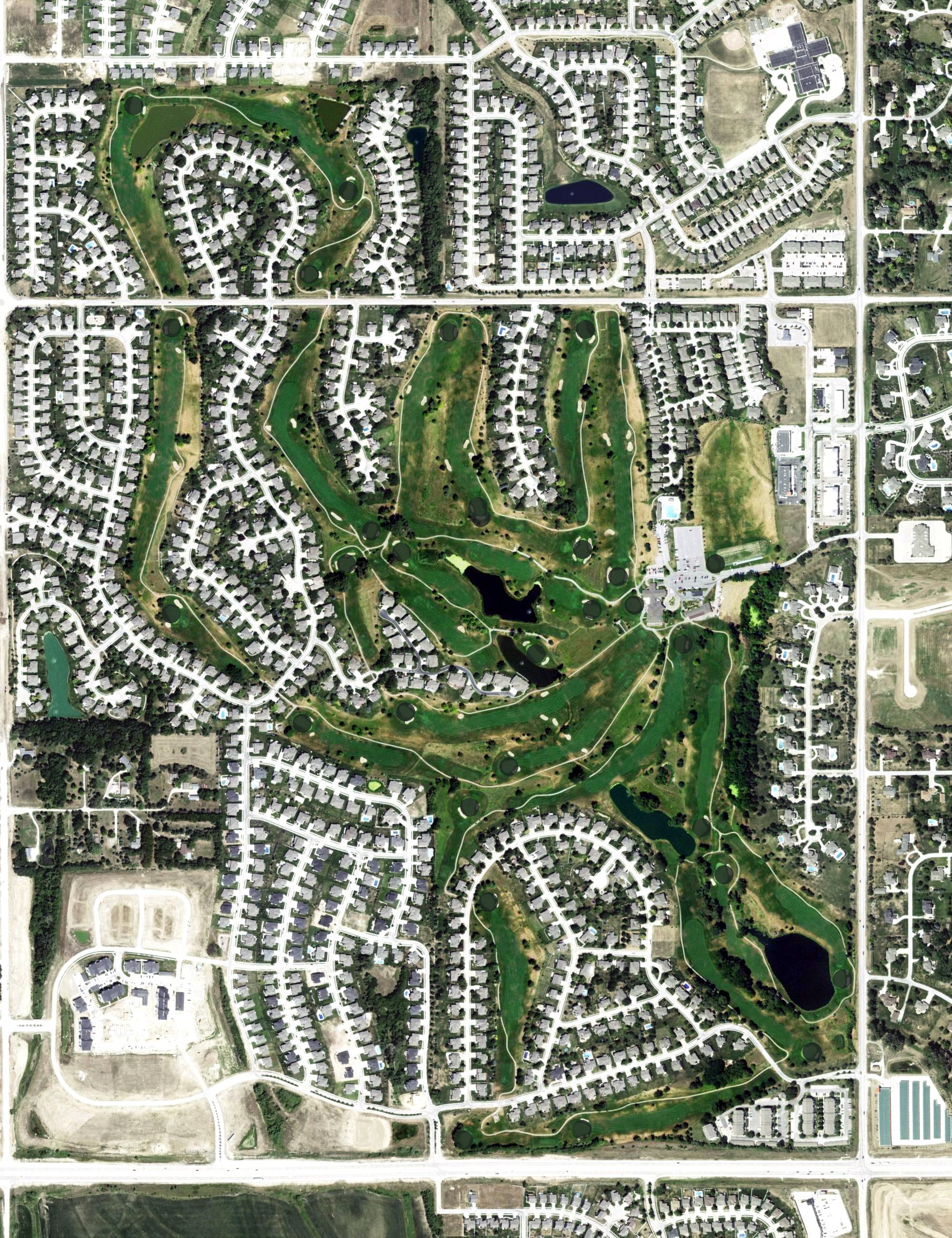 Aerial view of Tiburon Golf Course, NE, with its hole routing marked