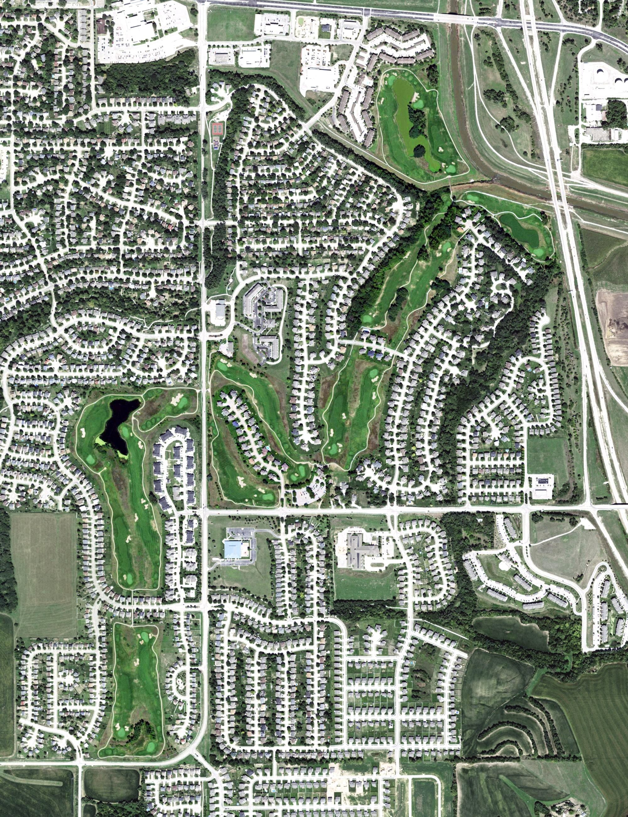 Aerial view of Tregaron Golf Course, NE, with its hole routing marked