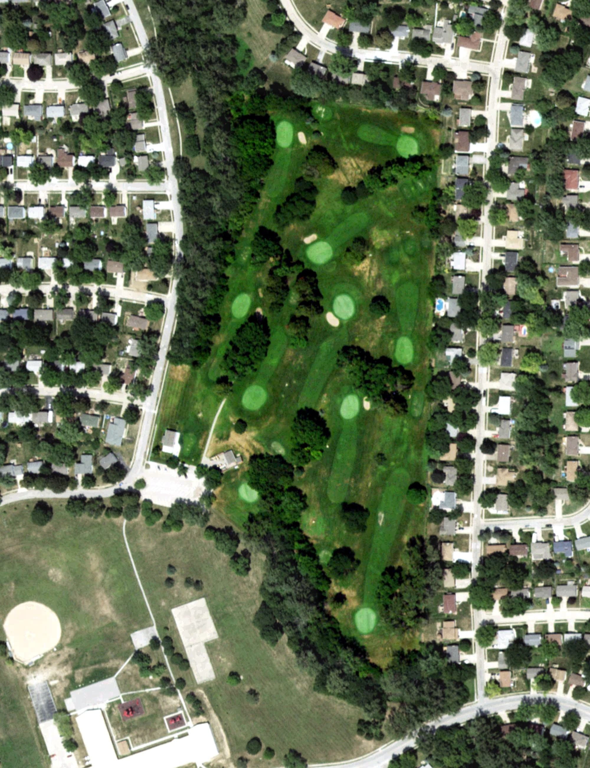 Aerial view of Warren Swigart 9-Hole Golf Course, NE, with its hole routing marked