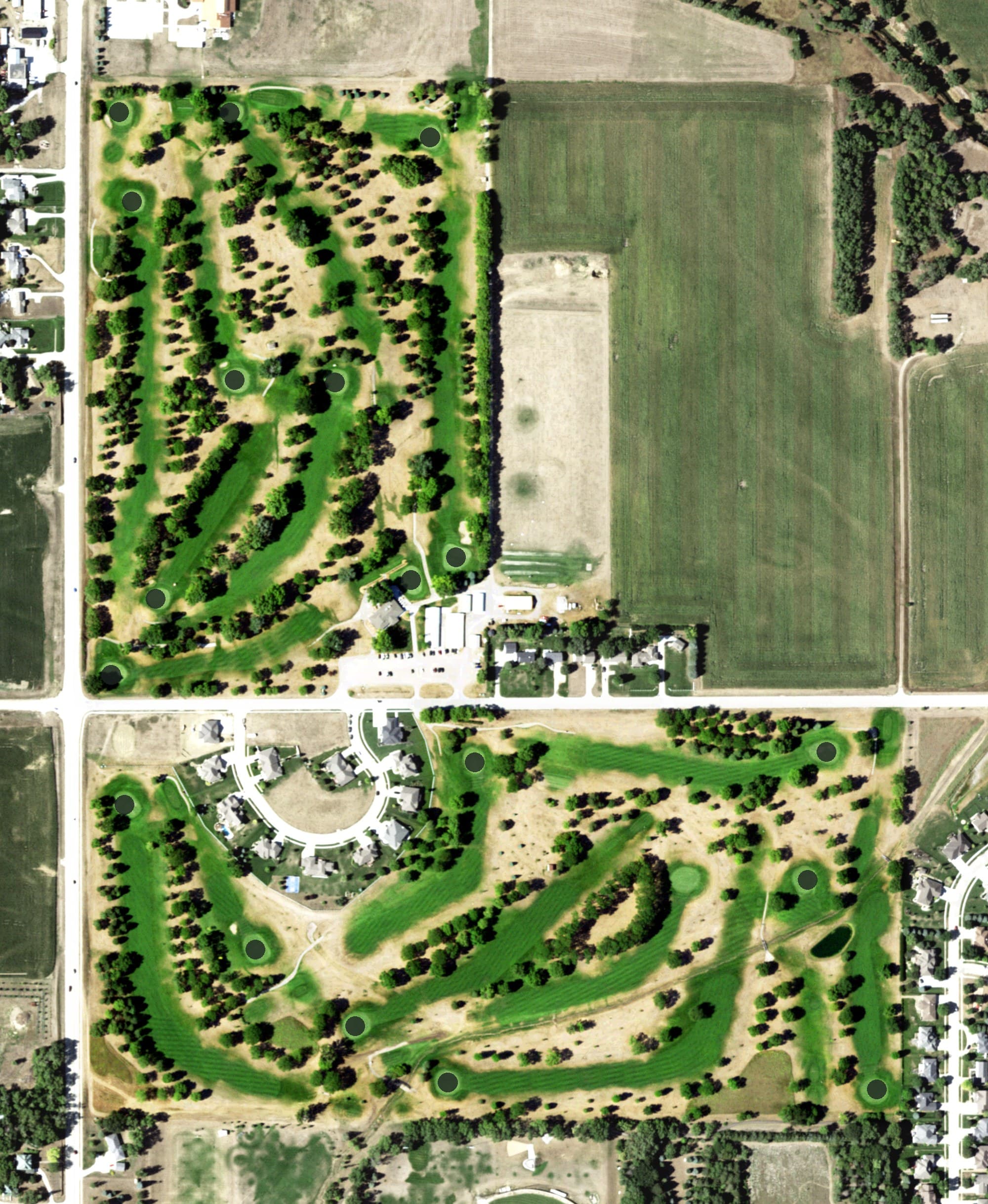 Aerial view of Wayne Country Club, NE, with its hole routing marked