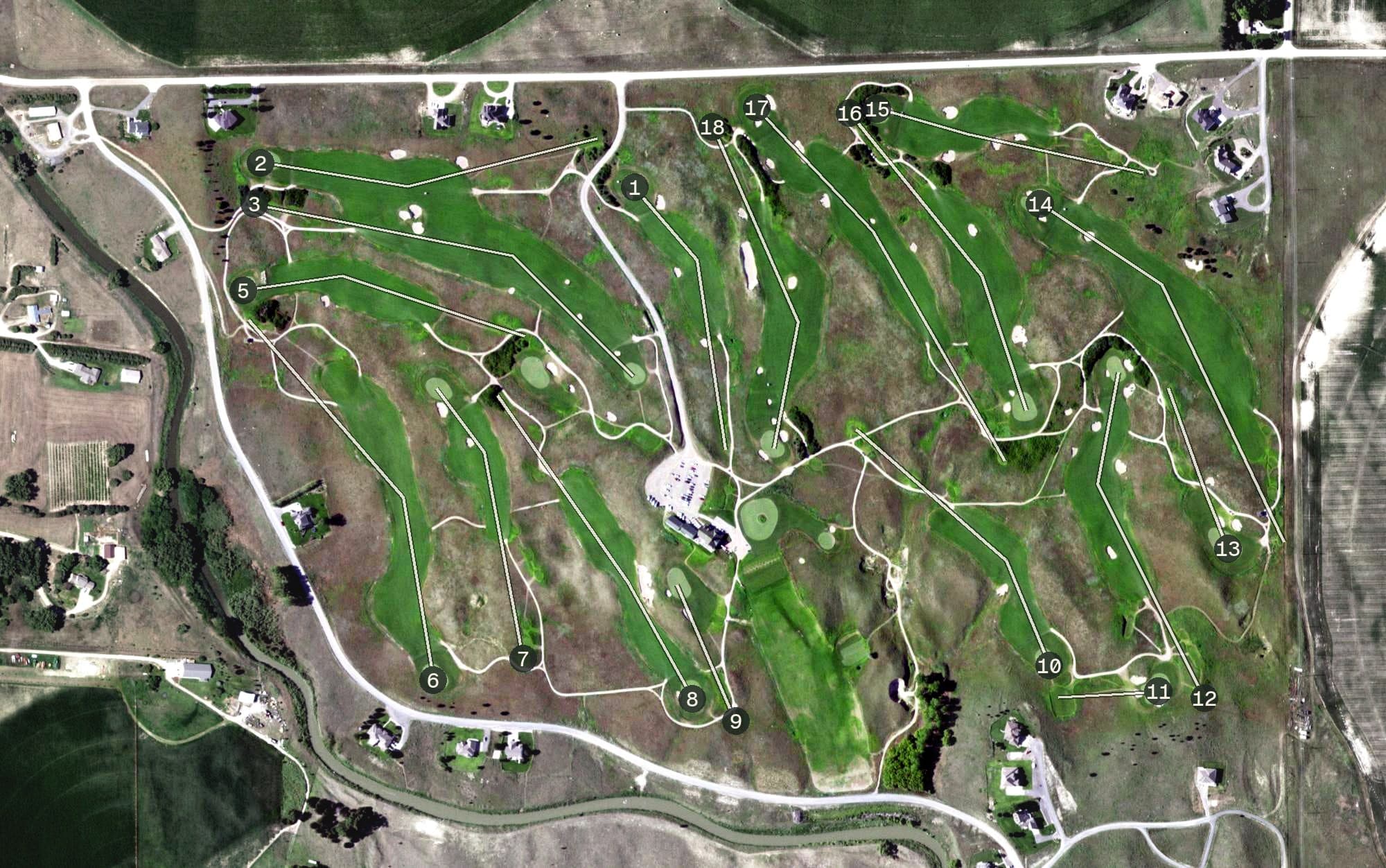 Aerial view of Wild Horse Golf Club, NE, with its hole routing marked
