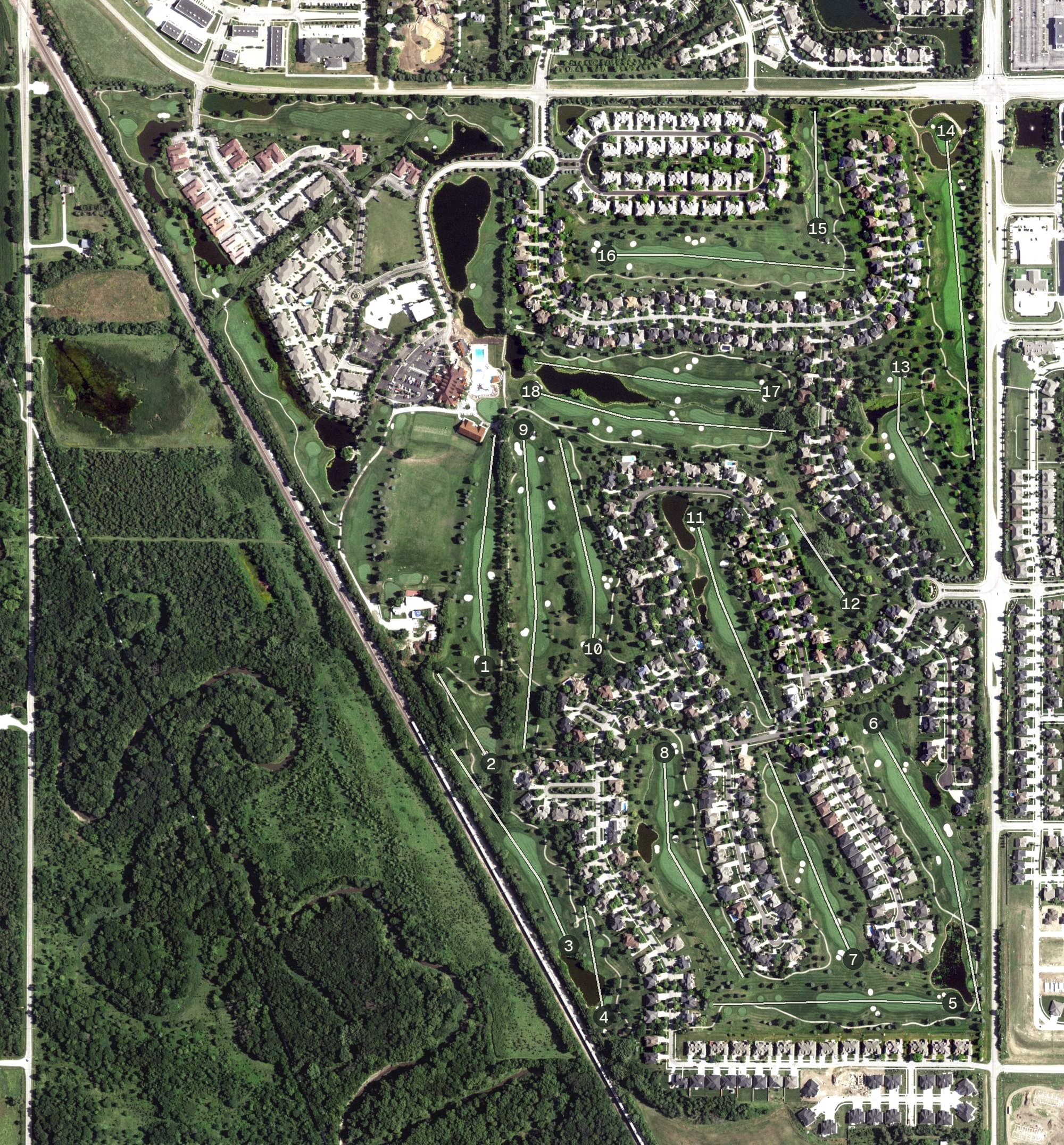 Aerial view of Wilderness Ridge Golf Course, NE, with its hole routing marked