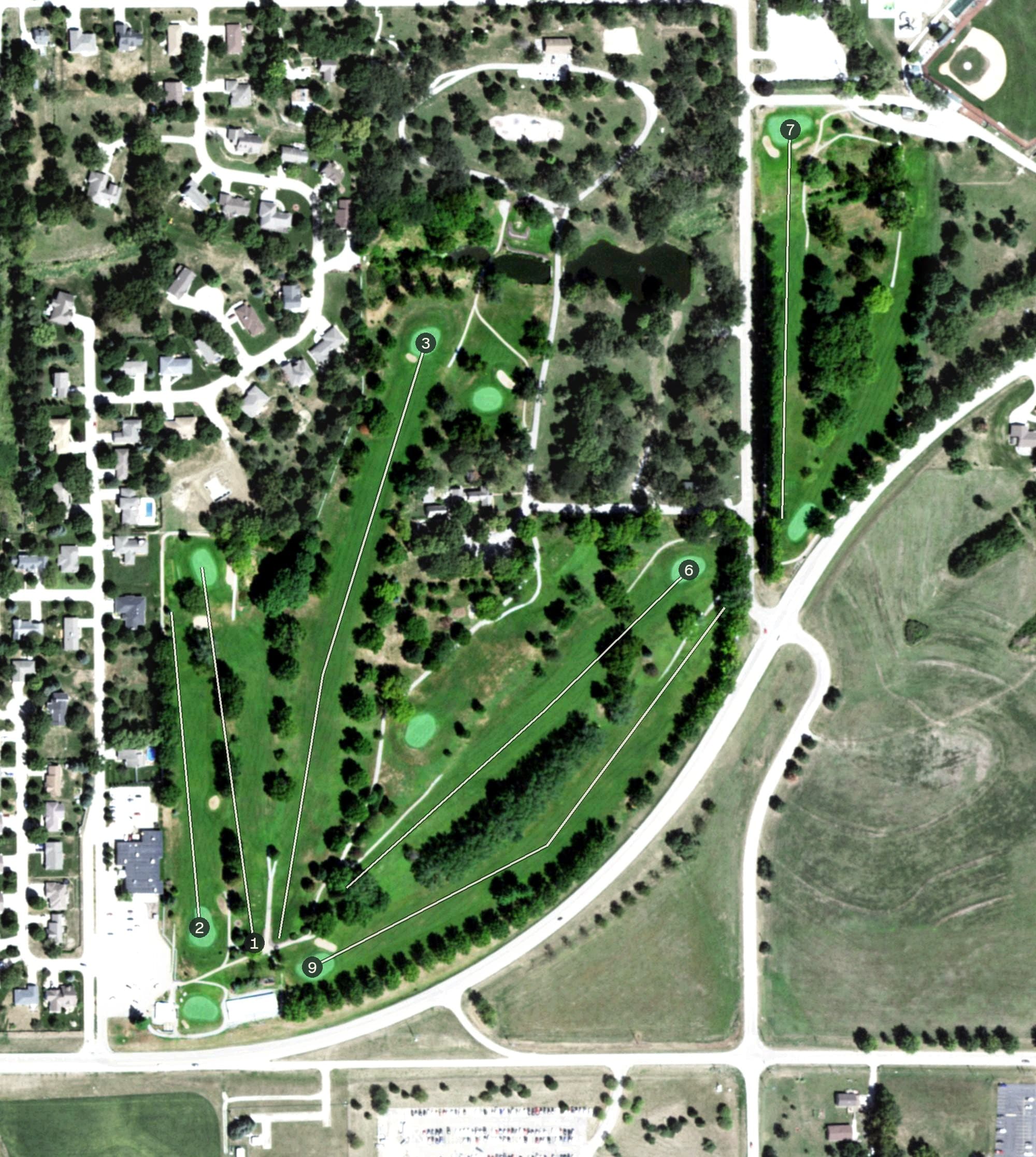 Aerial view of Wildwood Golf Course, NE, with its hole routing marked