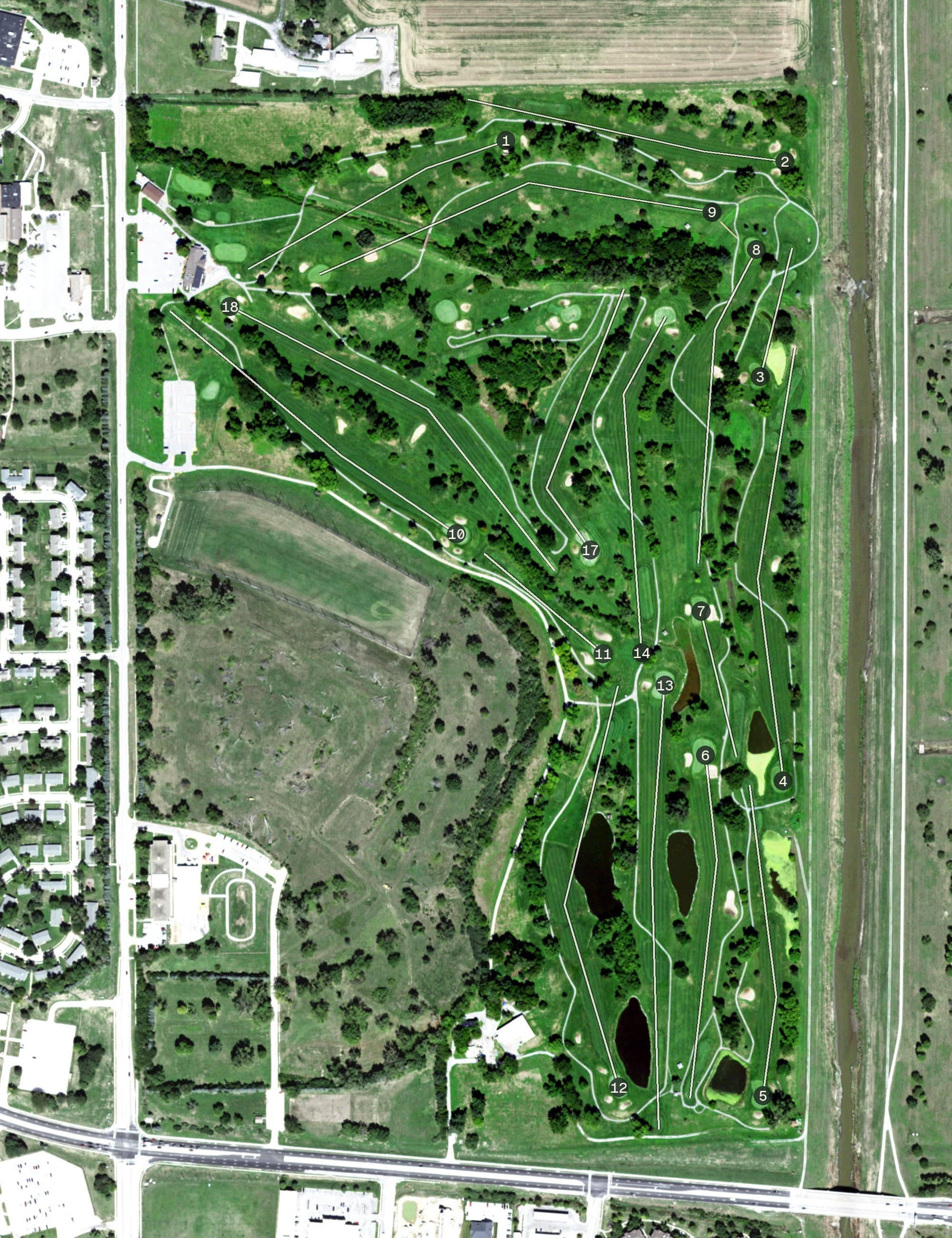 Aerial view of Willow Lakes Golf Course, NE, with its hole routing marked