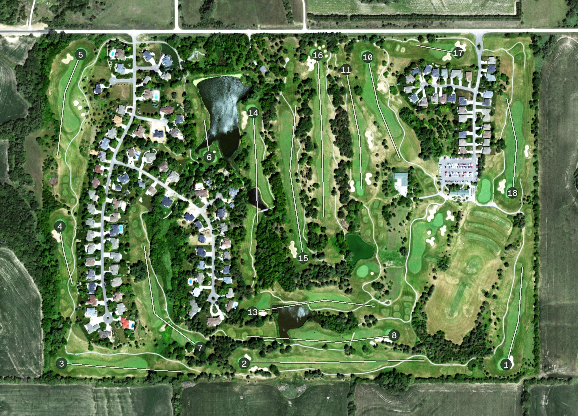Aerial view of Woodland Hills Golf Course, NE, with its hole routing marked