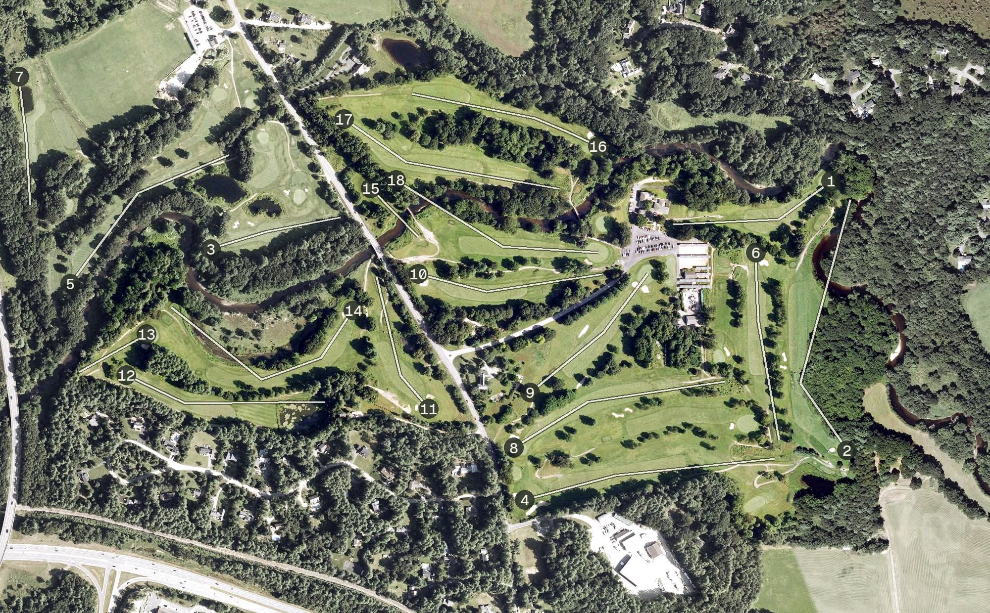 Aerial view of Amherst Country Club, NH, with its hole routing marked