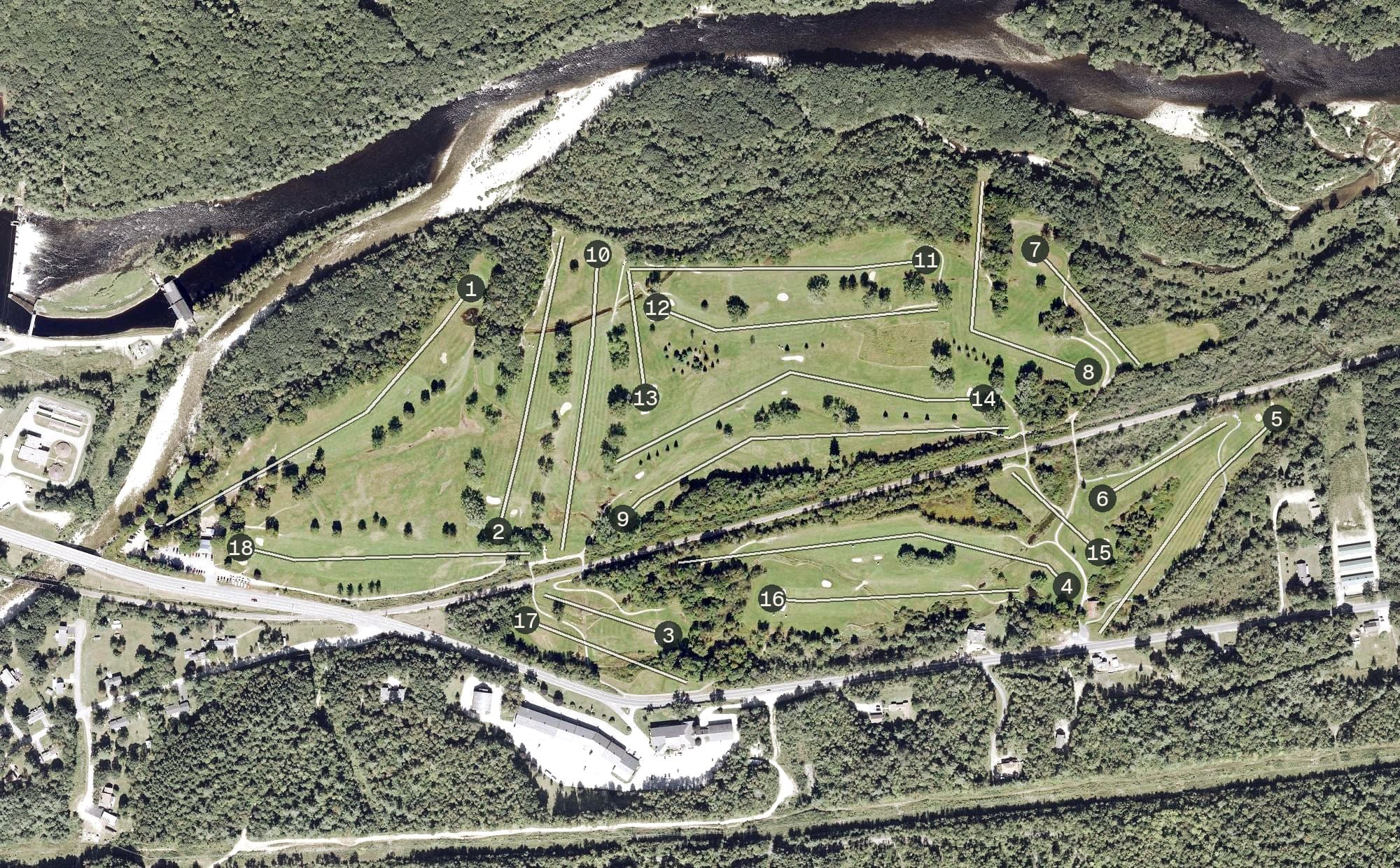 Aerial view of Androscoggin Valley Country Club, NH, with its hole routing marked